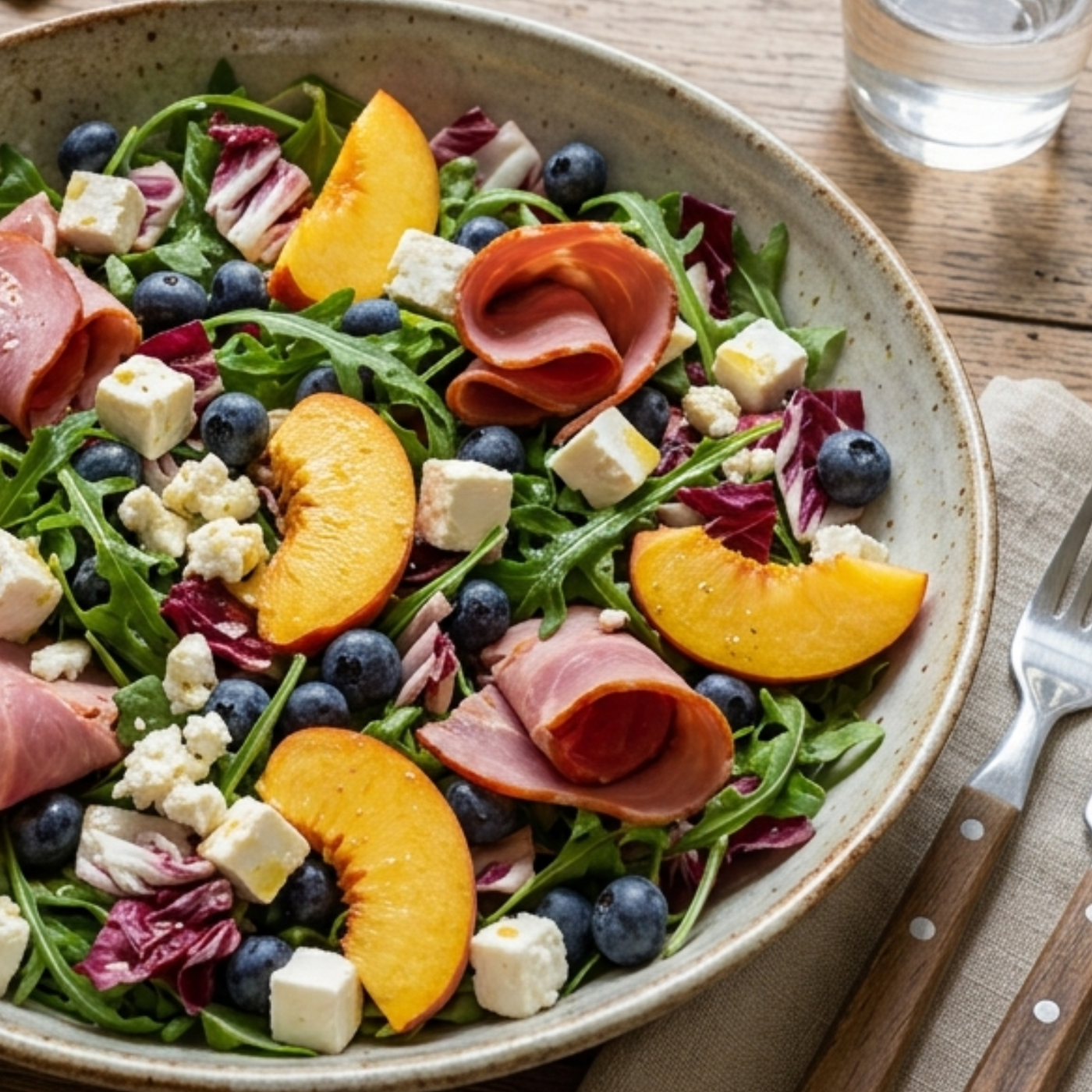 Salade roquette, pêches & myrtilles : l'art du sucré-salé parfait !
