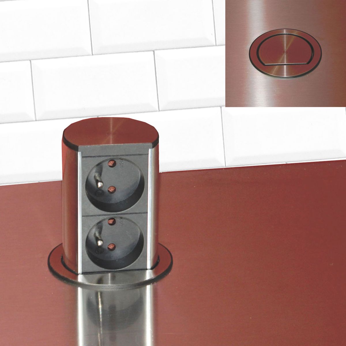 Prise plan de travail SUTTON - Double prise rétractable inox