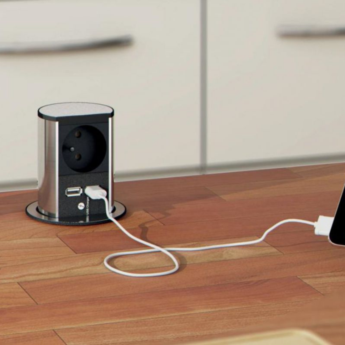 Prise plan de travail SUTTON - Bloc 1 prise rétractable + 2 USB-A inox brossé