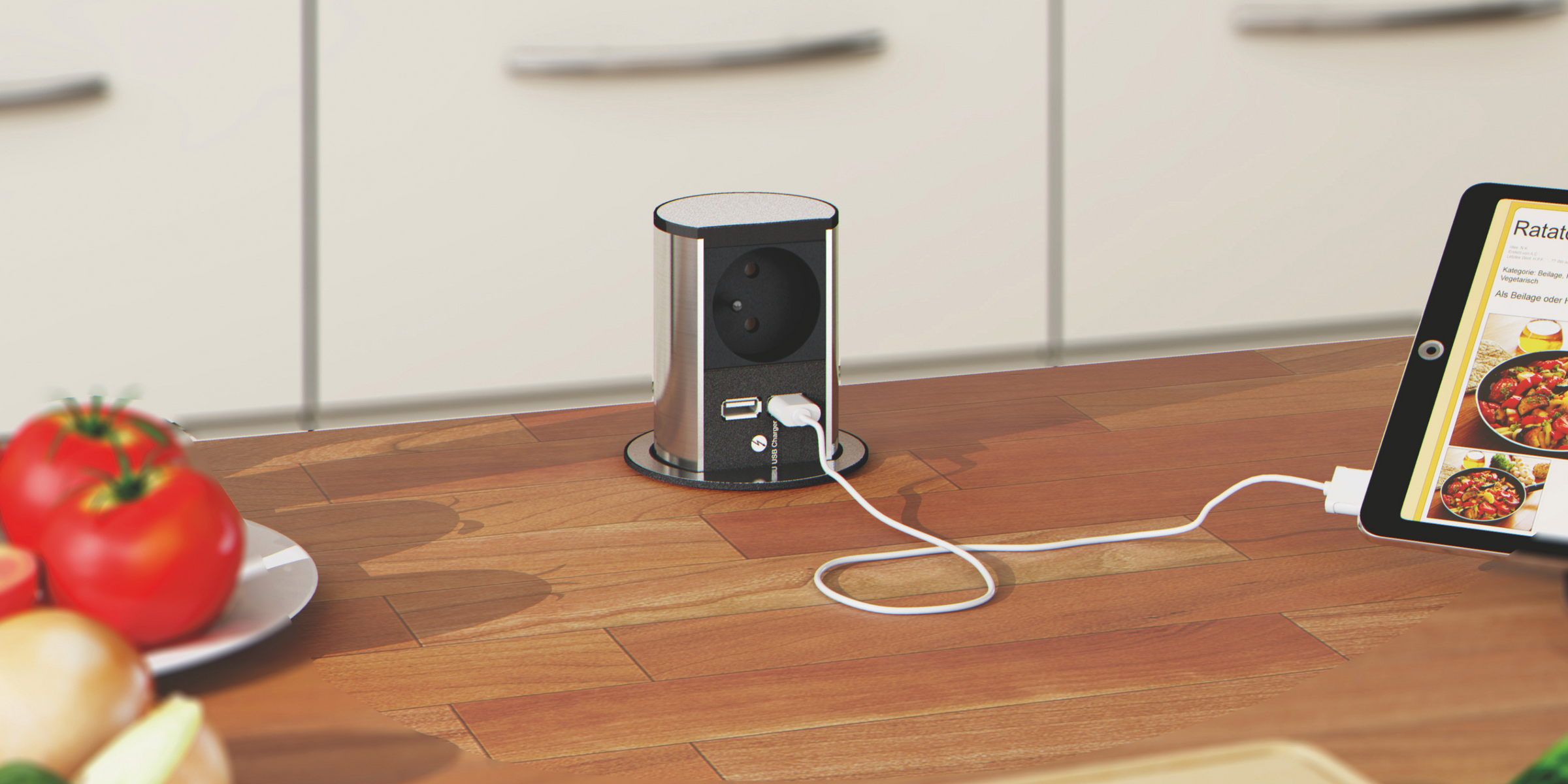 Prise plan de travail SUTTON - Bloc 1 prise rétractable + 2 USB dans une cuisine bois et blanc