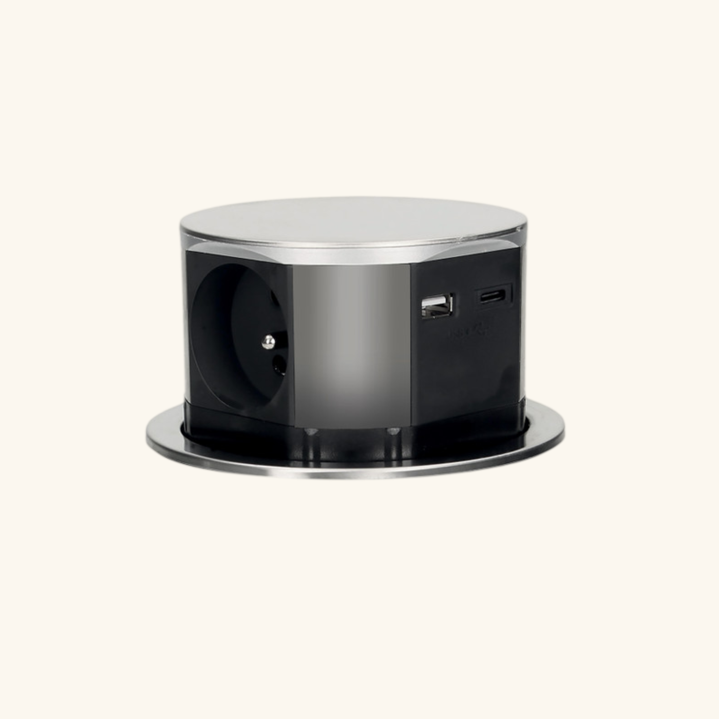 Prise plan de travail RUBY - Bloc 3 prises + 1 USB-A + 1 USB-C rétractable inox