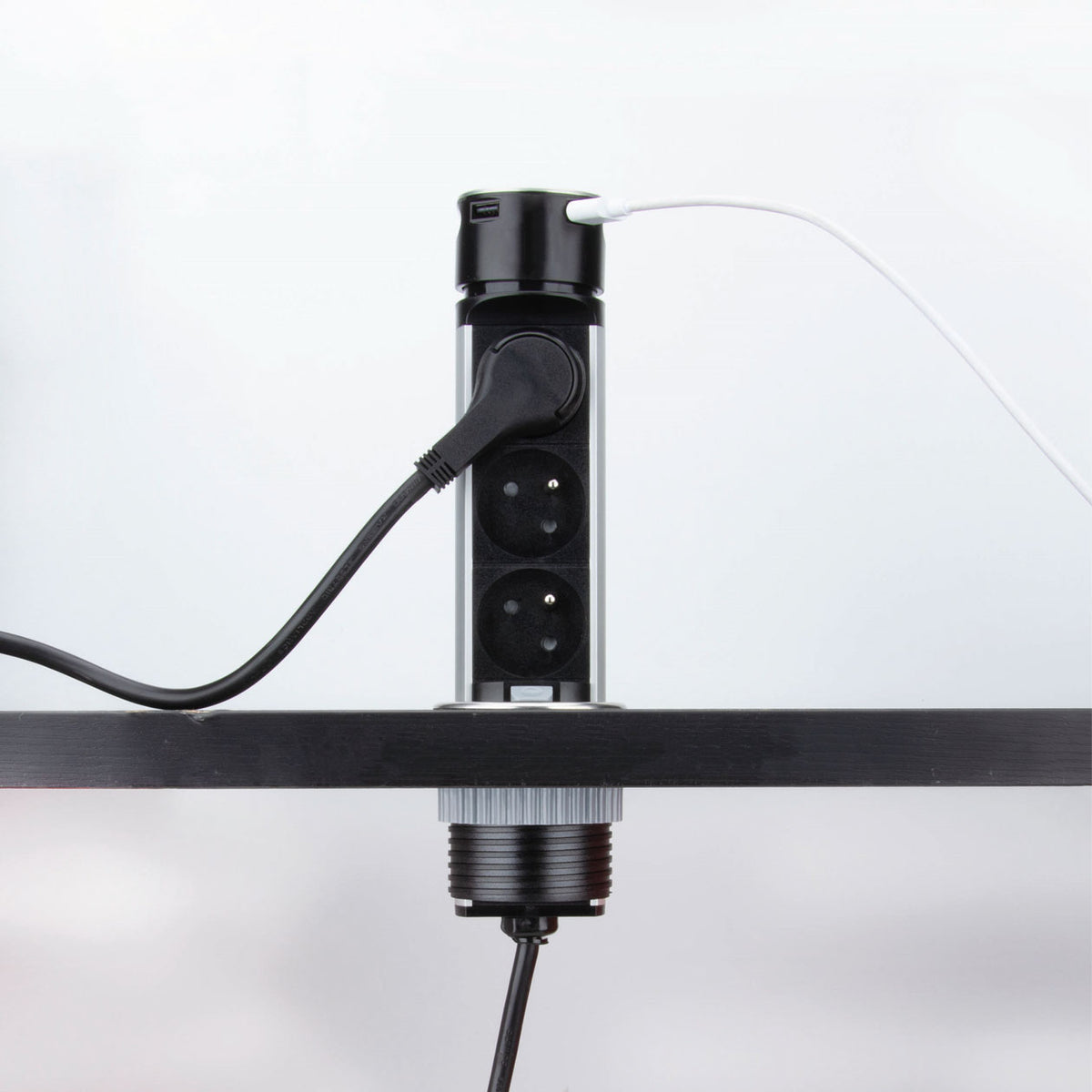 Prise plan de travail SKY - Bloc 3 prises + 2 USB rétractables Inox et noir