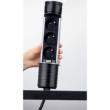 Prise plan de travail SKY - Bloc 3 prises + 2 USB-A rétractable inox et noir