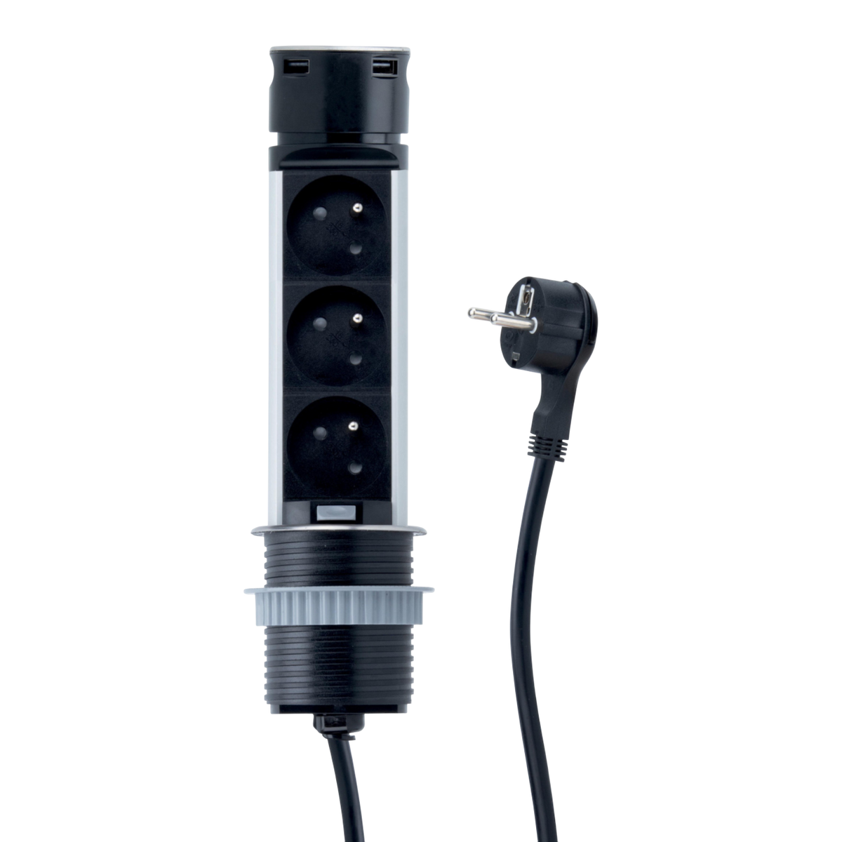 Prise plan de travail SKY - Bloc 3 prises + 2 USB-A rétractable inox et noir