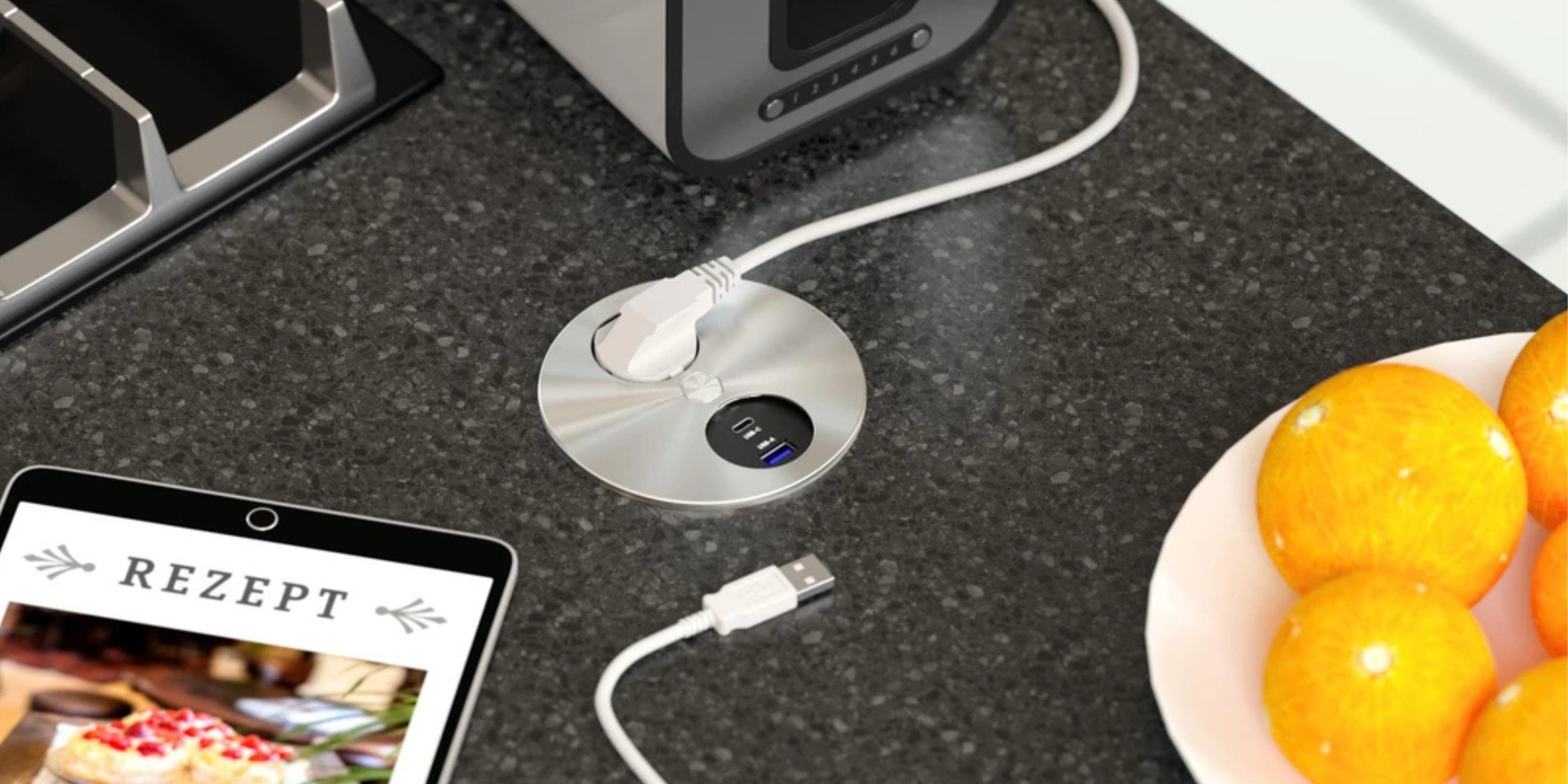 Prise plan de travail ORNO 1 prise + 1 USB-A + 1 USB-C inox, solution compacte pour brancher et recharger facilement.