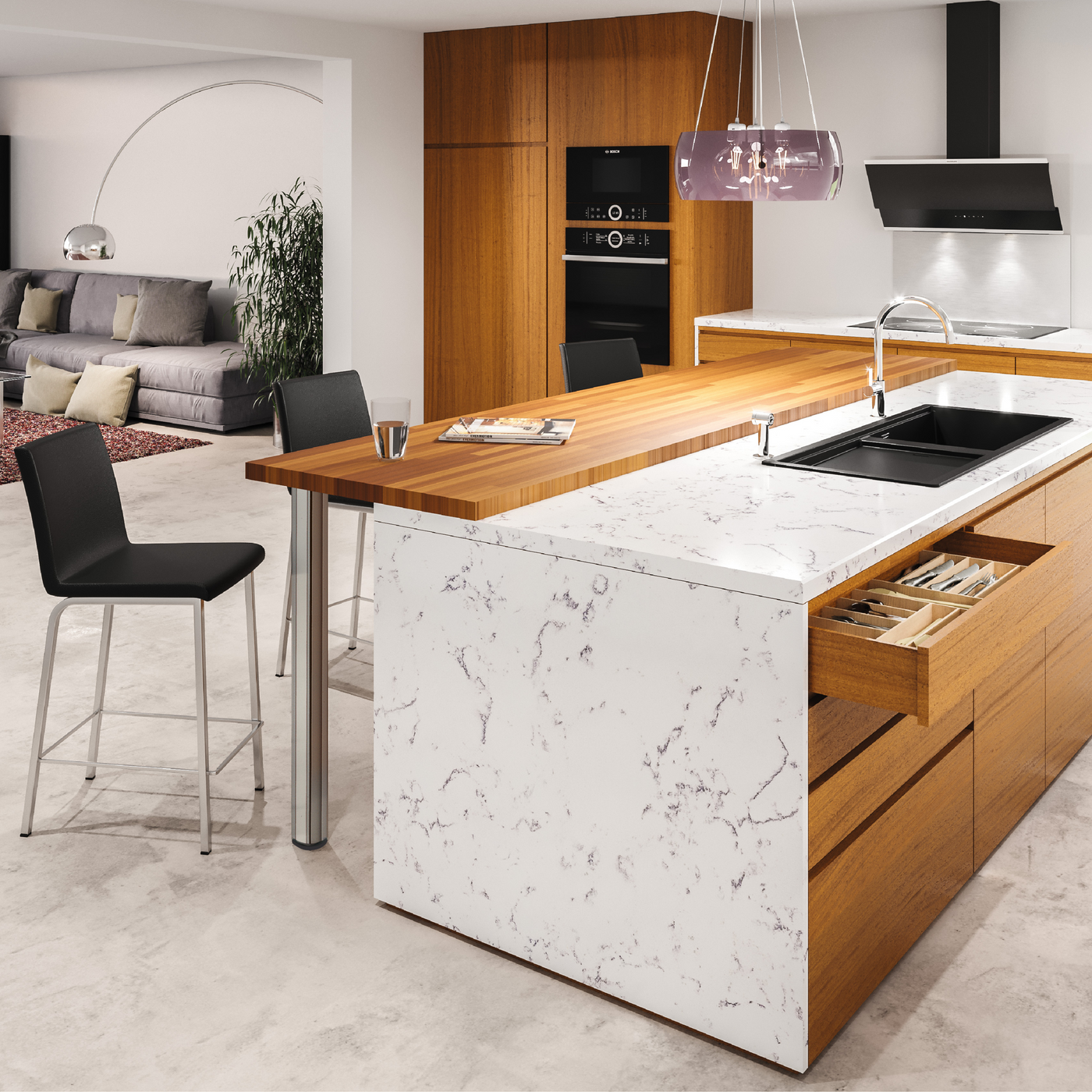 Cuisine aménagée avec un PIED DE TABLE ROND Chromé sous un plan de travail en bois