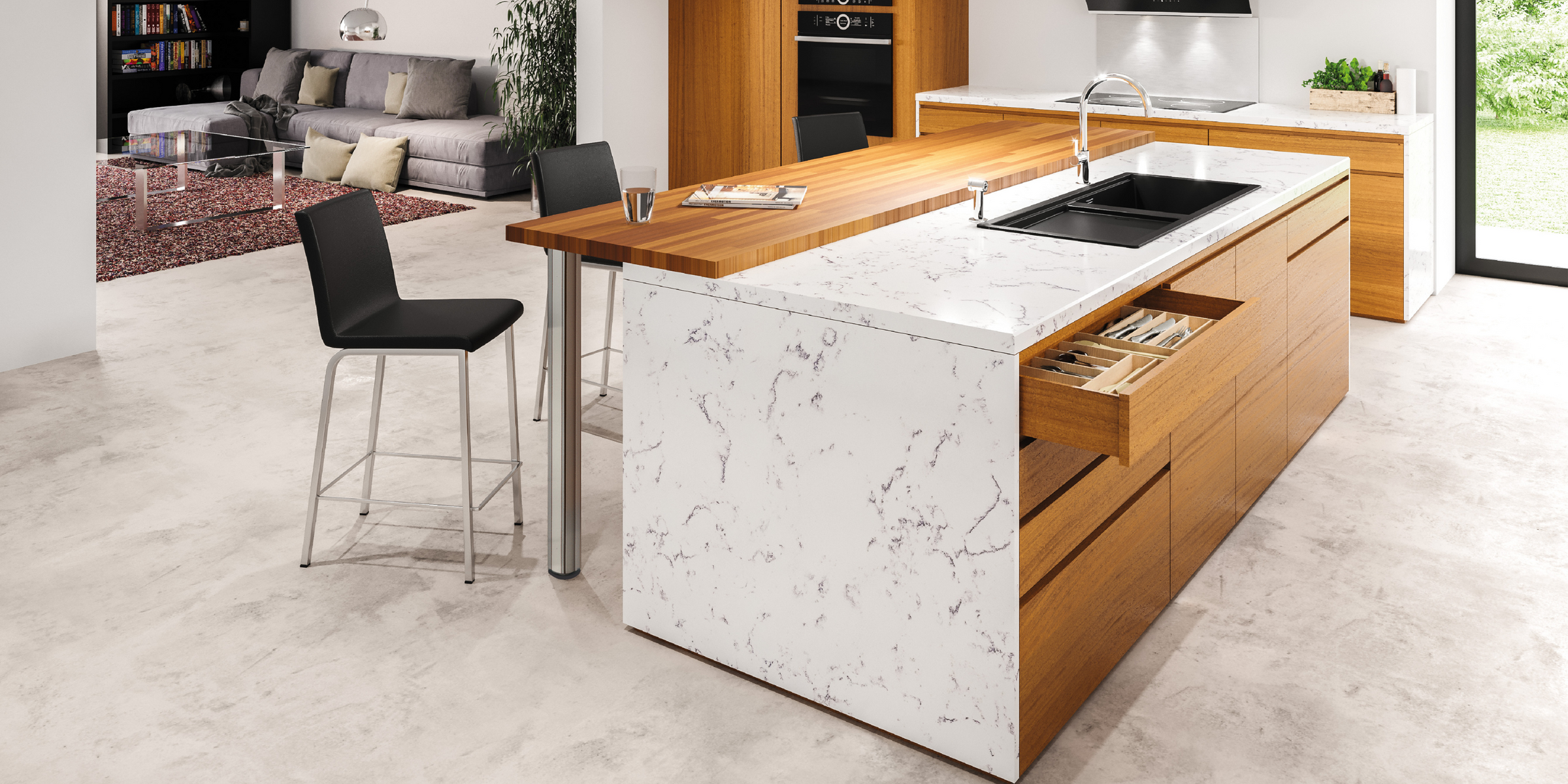 PIED DE TABLE ROND Chromé dans une cuisine marbre et bois