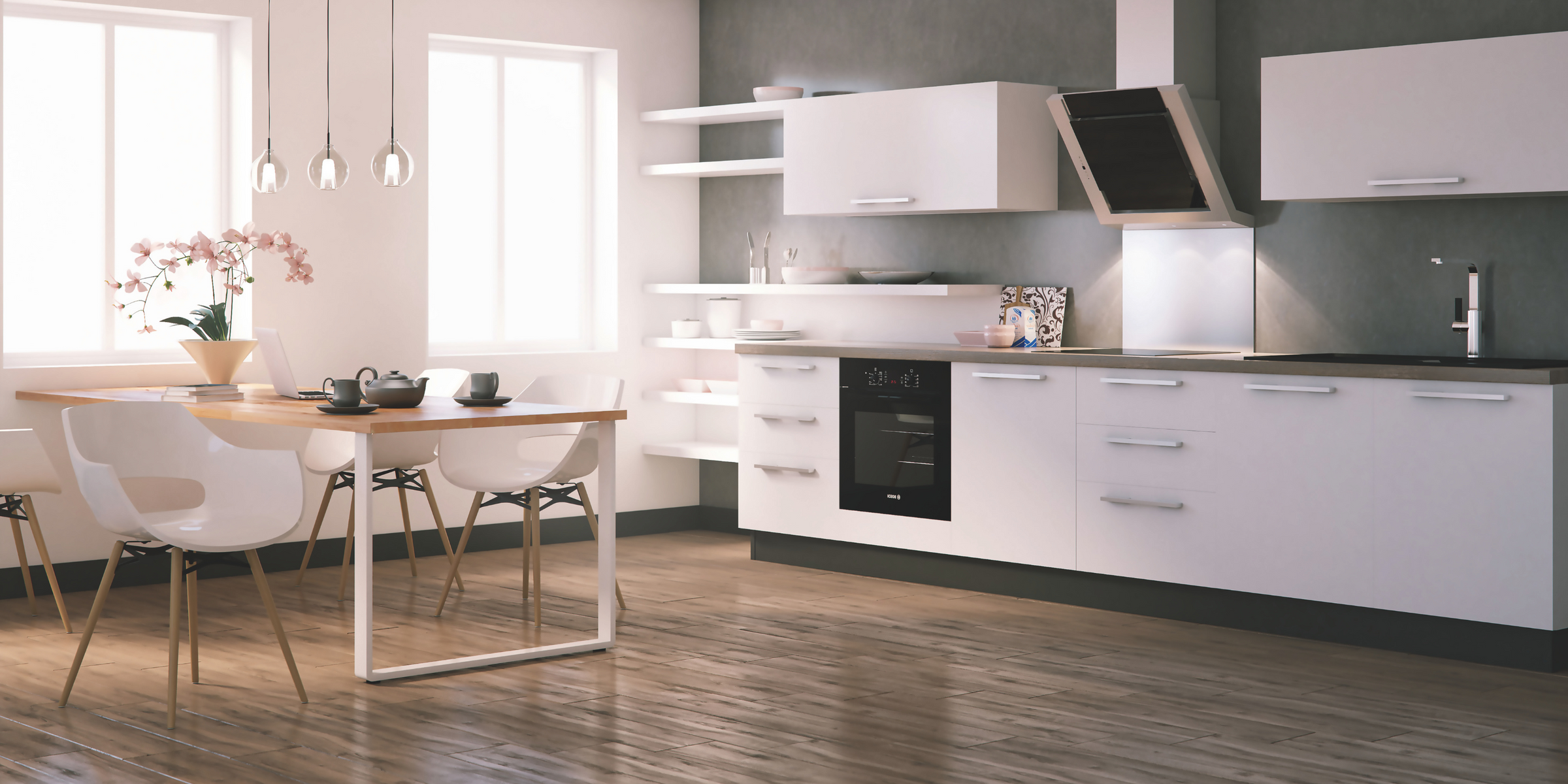 Pied de table rectangulaire TELESCOP Blanc H 900 réglable 900 dans une cuisine bois et blanc