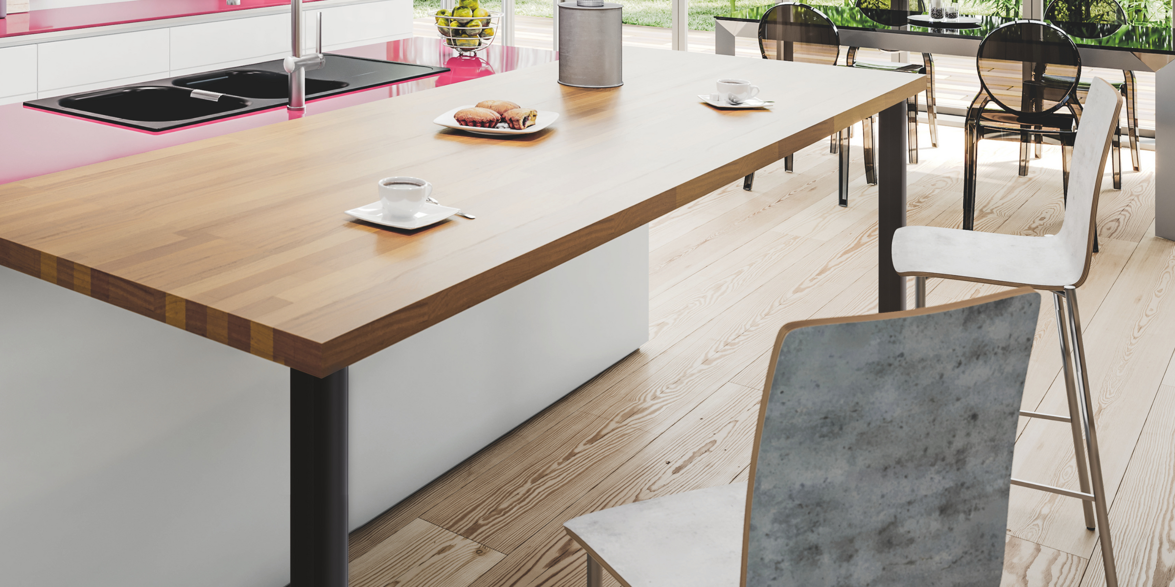 Pied de table rond en acier noir mat 870 x 60 dans une cuisine bois et blanc