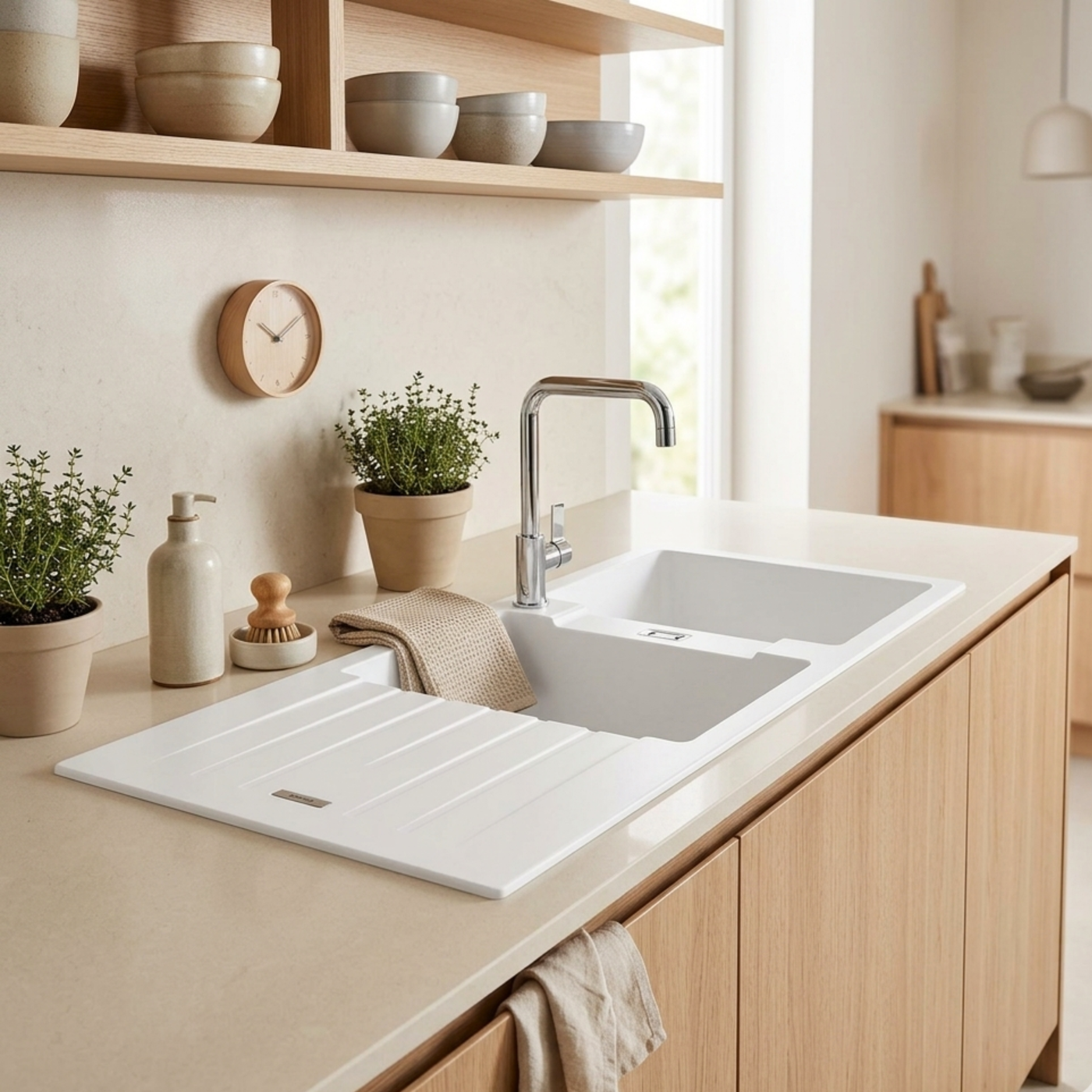 Évier granit blanc ALBEY 2 bacs 1 égouttoir