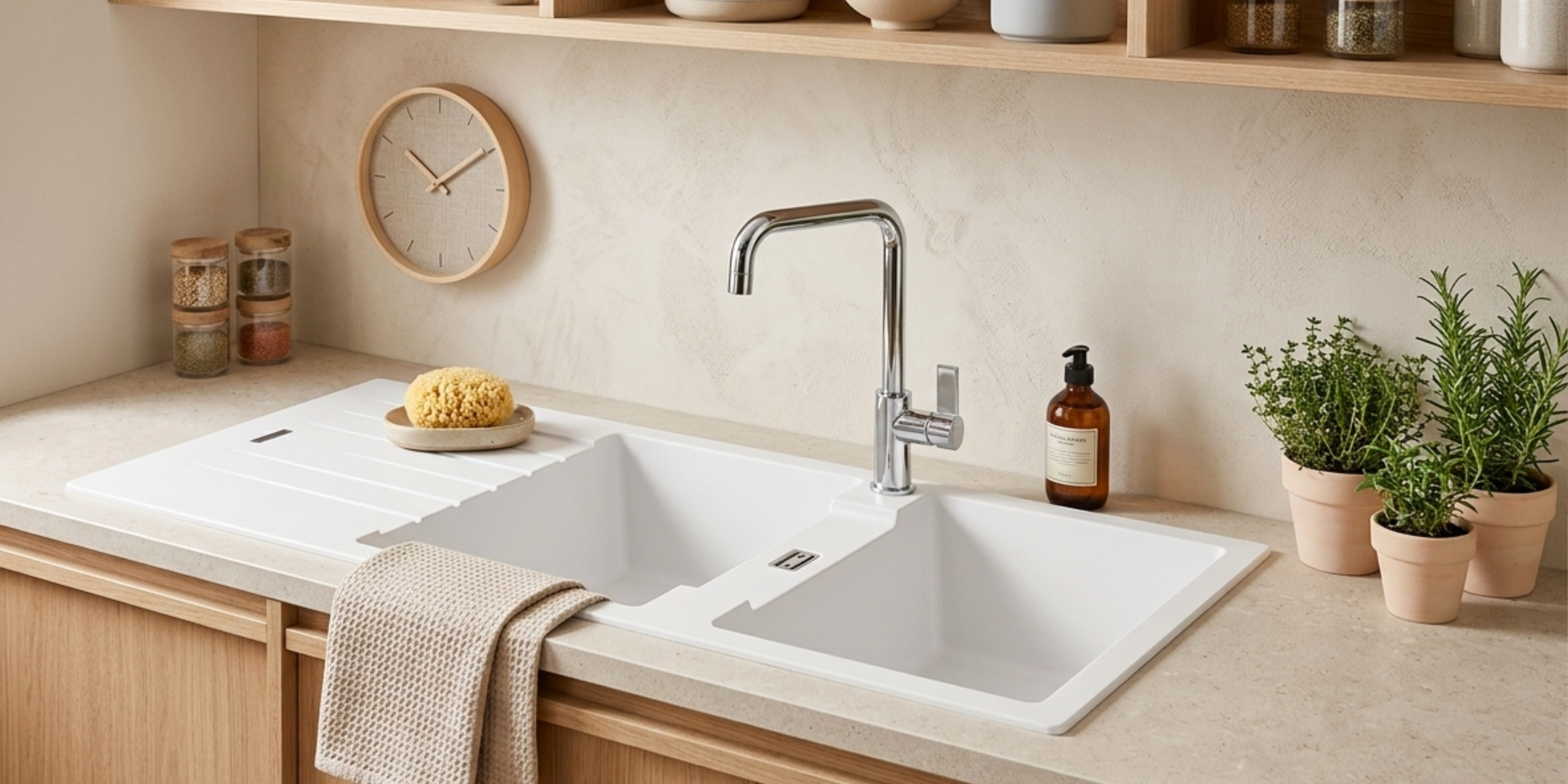 Évier granit blanc ALBEY 2 bacs 1 égouttoir, double cuve robuste en quartz offrant une grande surface de lavage pratique.