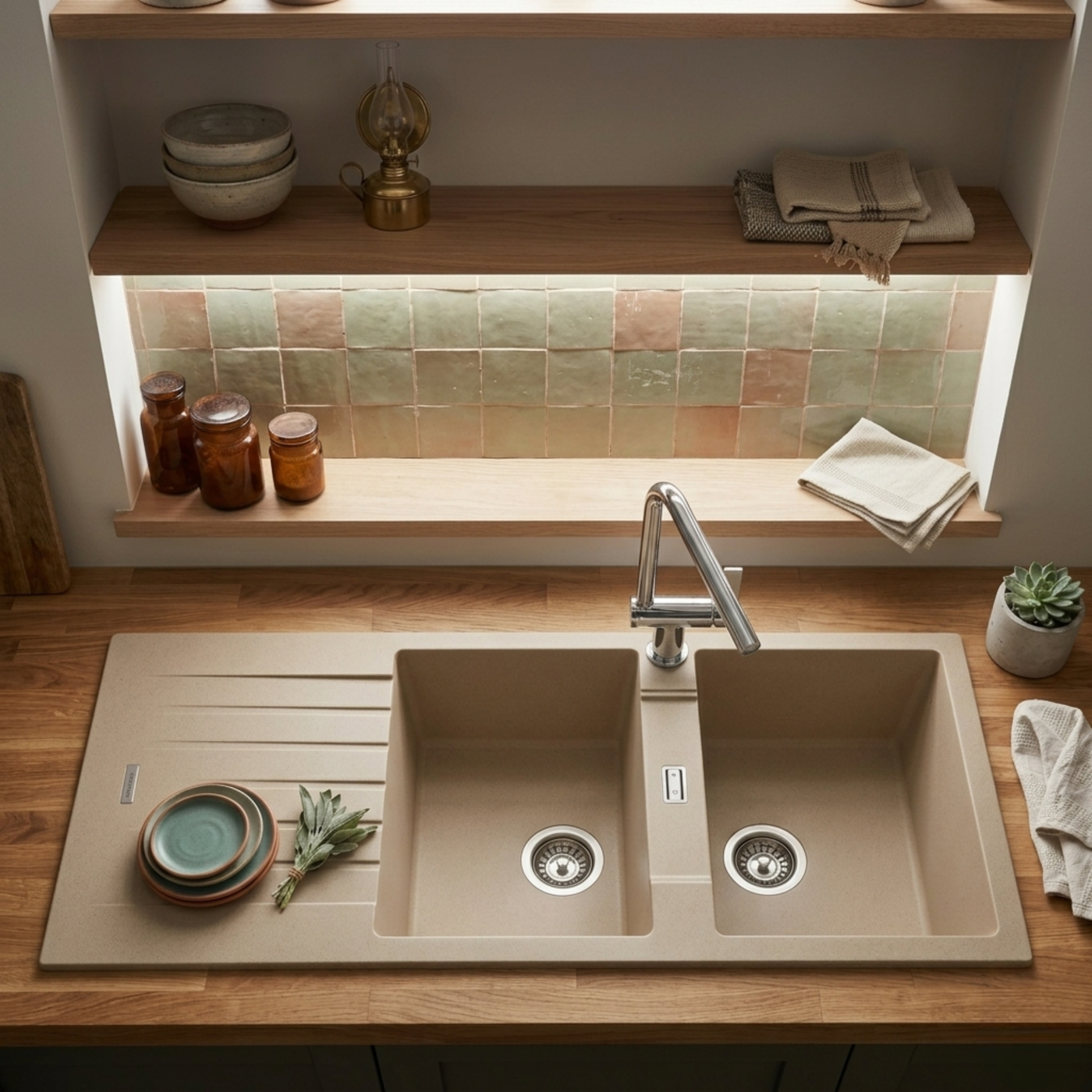 Évier granit beige ALBEY 2 bacs 1 égouttoir