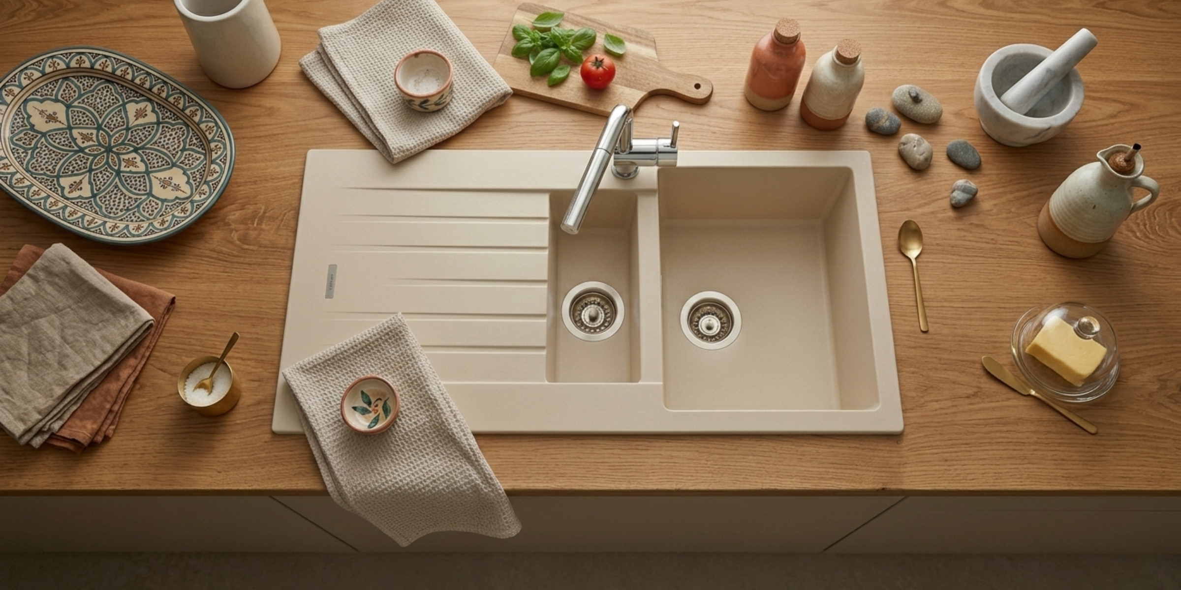 Évier granit beige ALBEY 1 bac et demi, égouttoir intégré et coloris doux pour une cuisine fonctionnelle très chaleureuse.