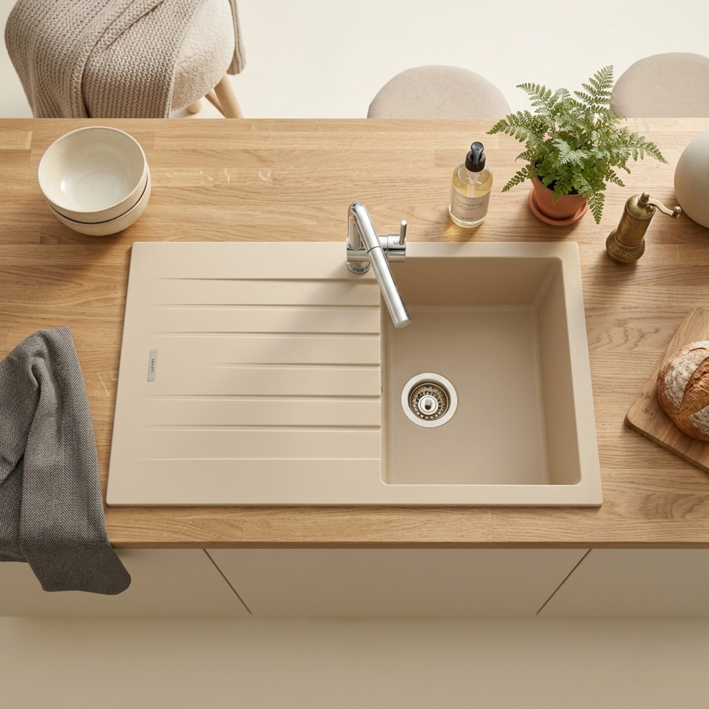 Évier granit beige ALBEY 1 bac - 1 égouttoir