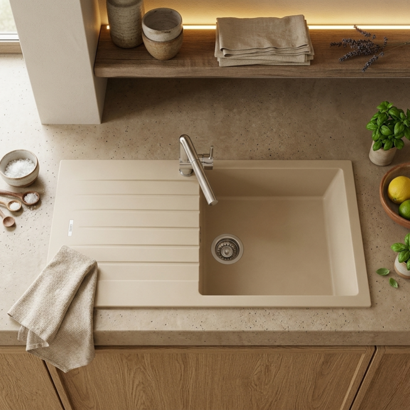 Évier granit beige ALBEY 1 grand bac - 1 égouttoir