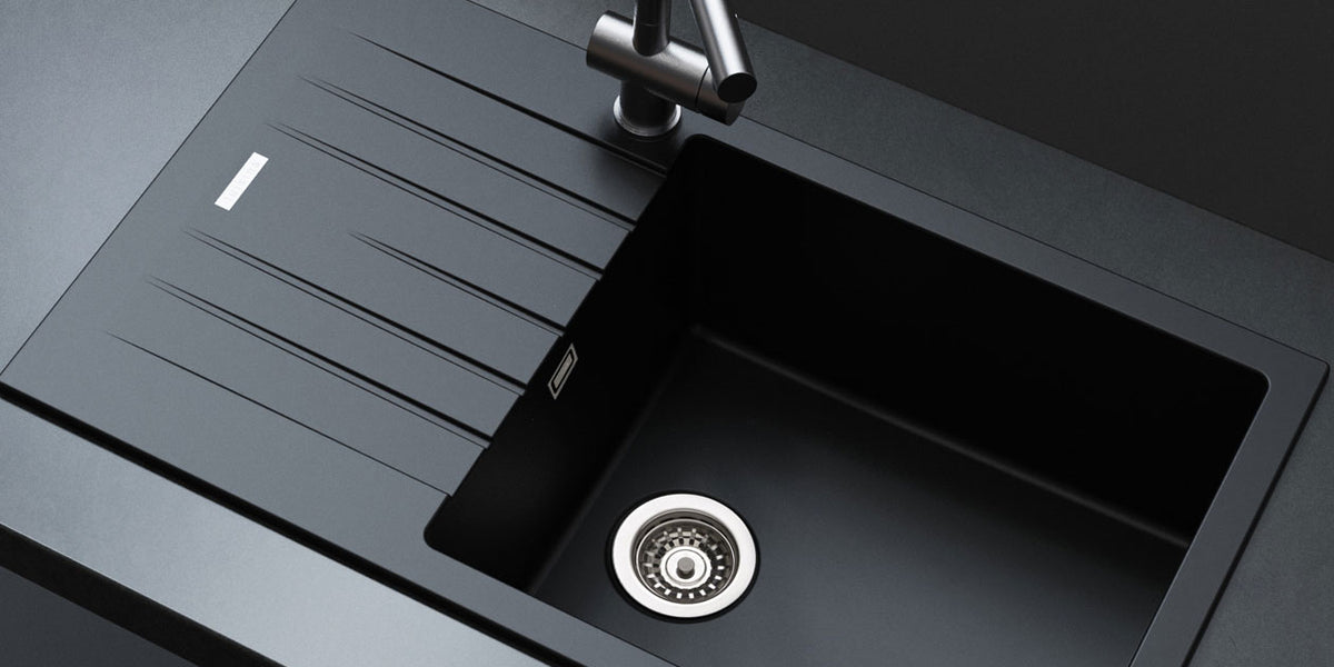 Cuisine équipée d'un Évier granit noir ALBEY 1 grand bac - 1 petit égouttoir