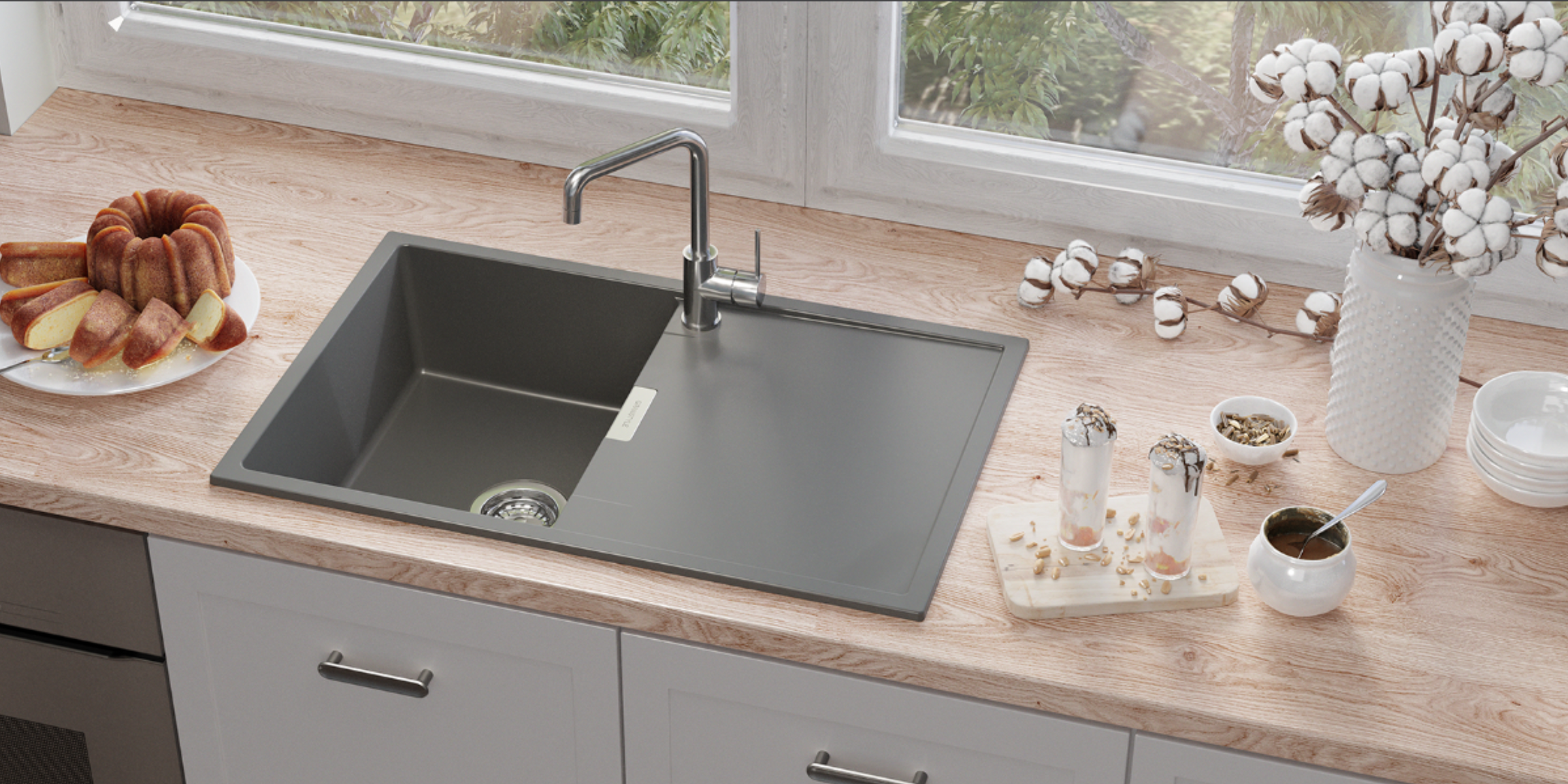 Image immersive Evier granit gris Kümbad ANIA 1 bac 1 égouttoir