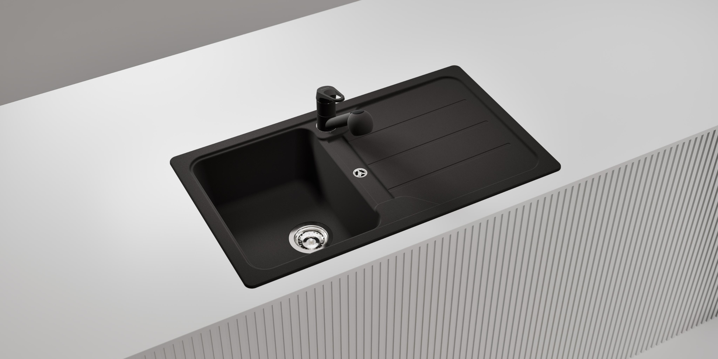 Évier granit noir Schock FORMHAUS 1 bac 1 égouttoir, à une cuisine minimaliste, finition noire élégante, esprit contemporain.