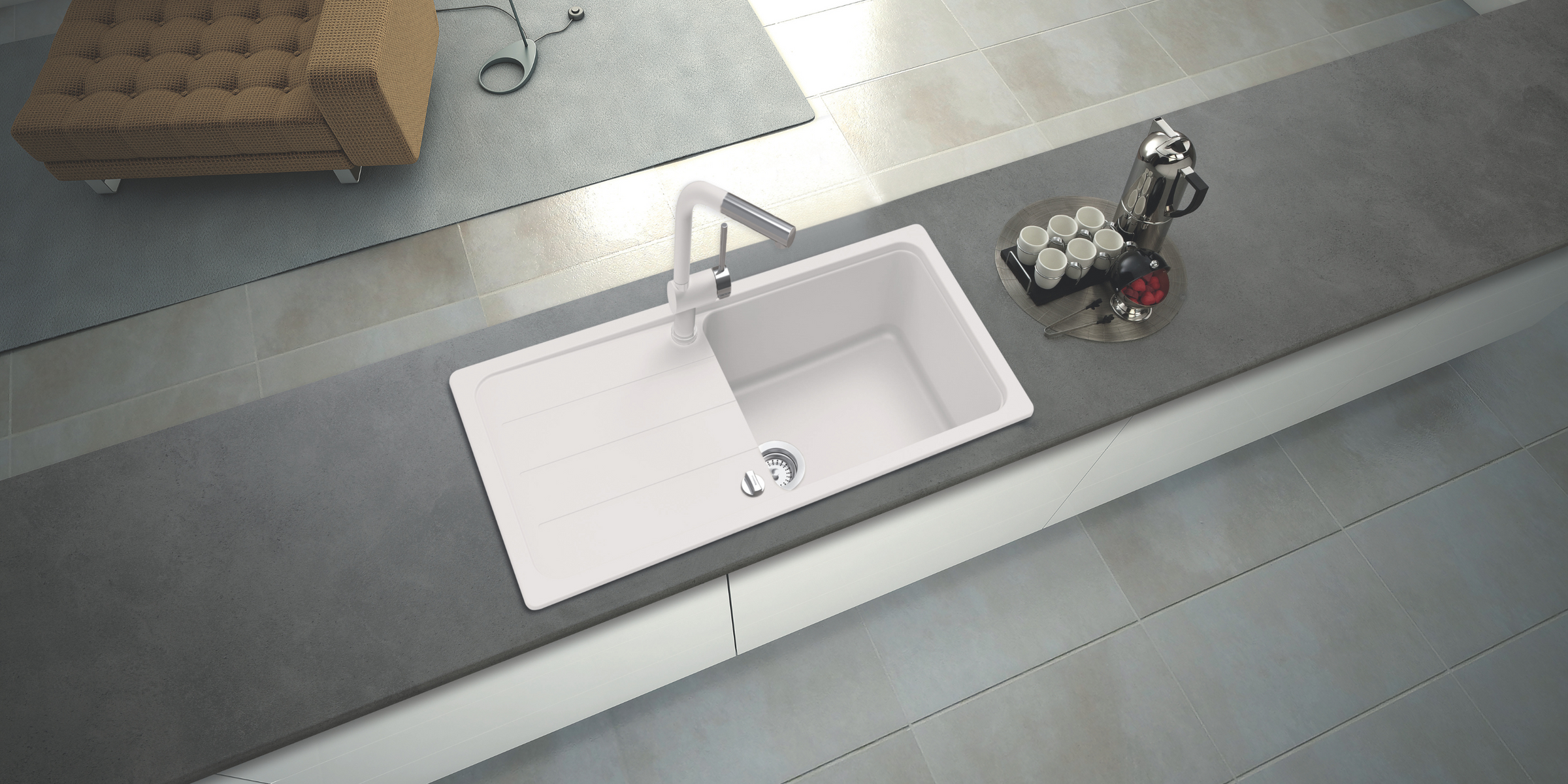 L’évier FORMHAUS blanc en granit, avec son grand bac et égouttoir, s’intègre à toutes les cuisines.