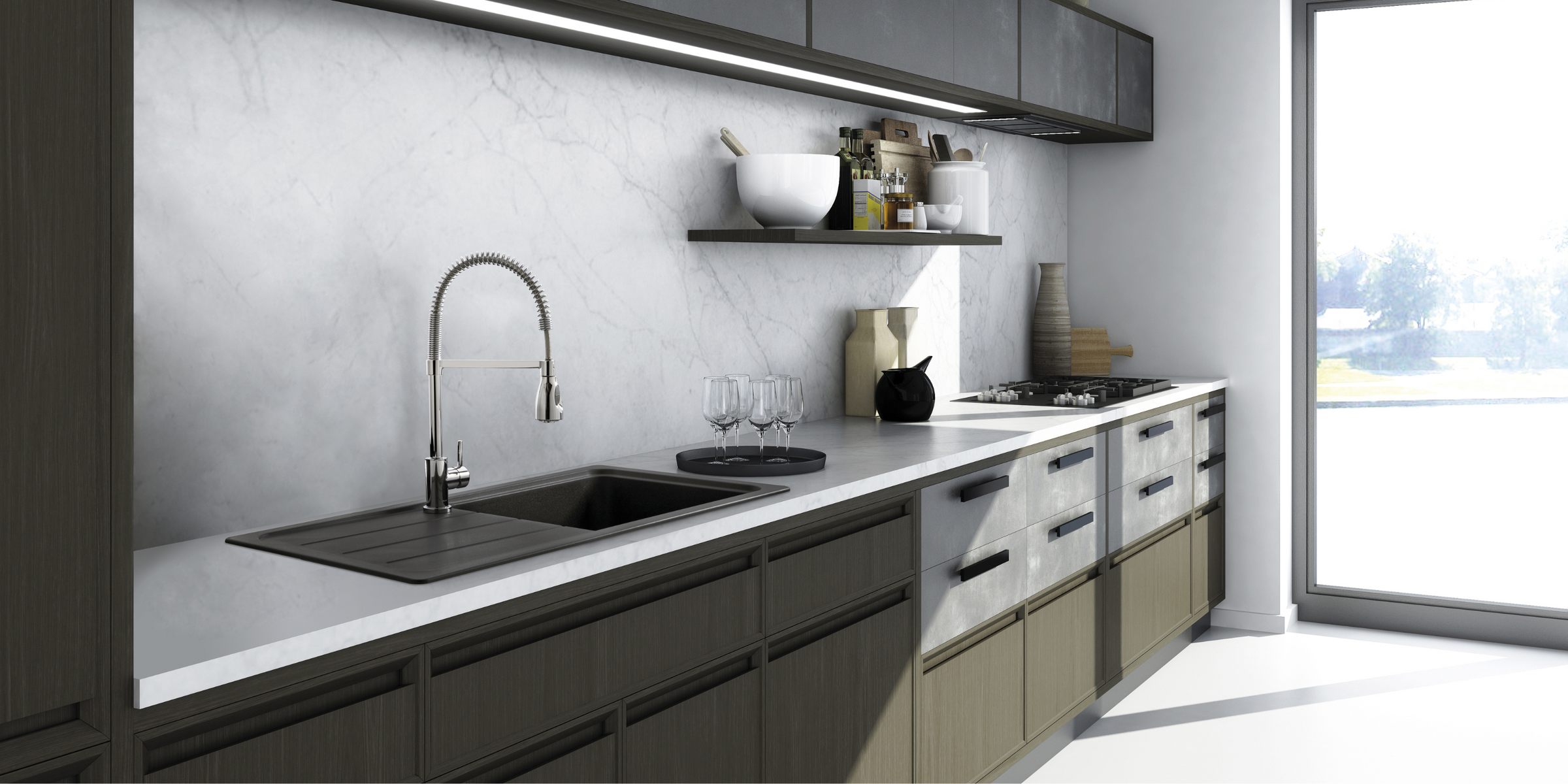 L’évier FORMHAUS noir en granit avec grand bac et égouttoir combine solidité et design intemporel.