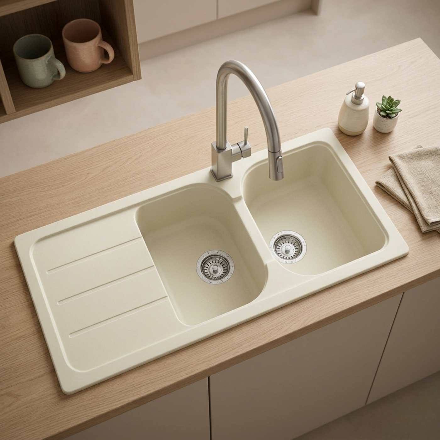 Évier granit beige vanille Schock FORMHAUS 2 bacs 1 égouttoir