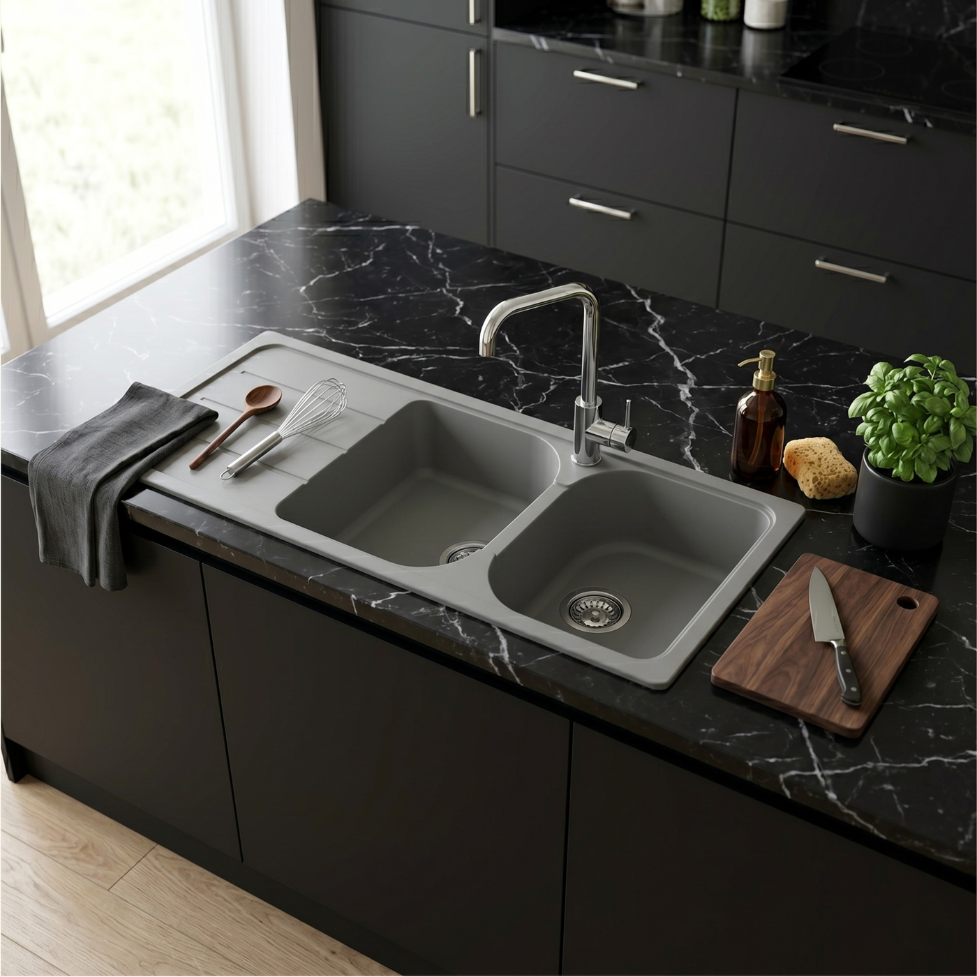 Évier granit gris Schock FORMHAUS 2 bacs 1 égouttoir