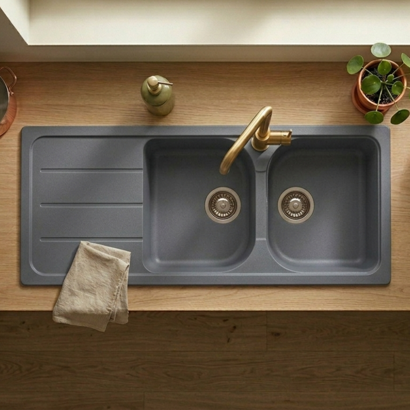 Évier granit gris Schock FORMHAUS 2 bacs 1 égouttoir