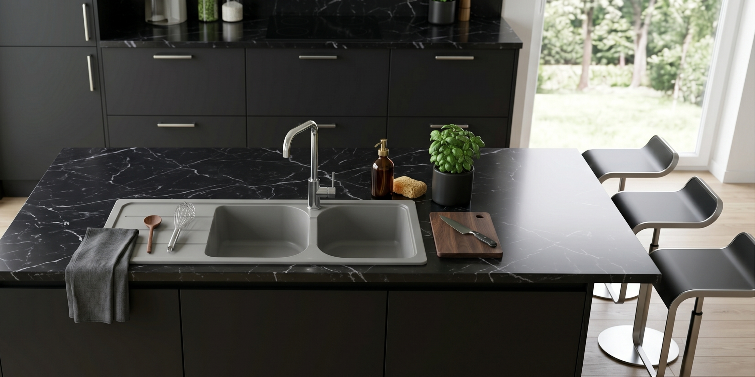 Évier granit gris Schock FORMHAUS 2 bacs 1 égouttoir, grand évier double teinte béton parfait pour un décor industriel sobre.