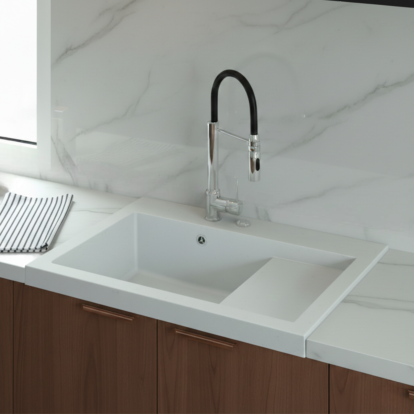 Evier à poser en granit blanc Kümbad BOLTO 1 bac - égouttoir à droite