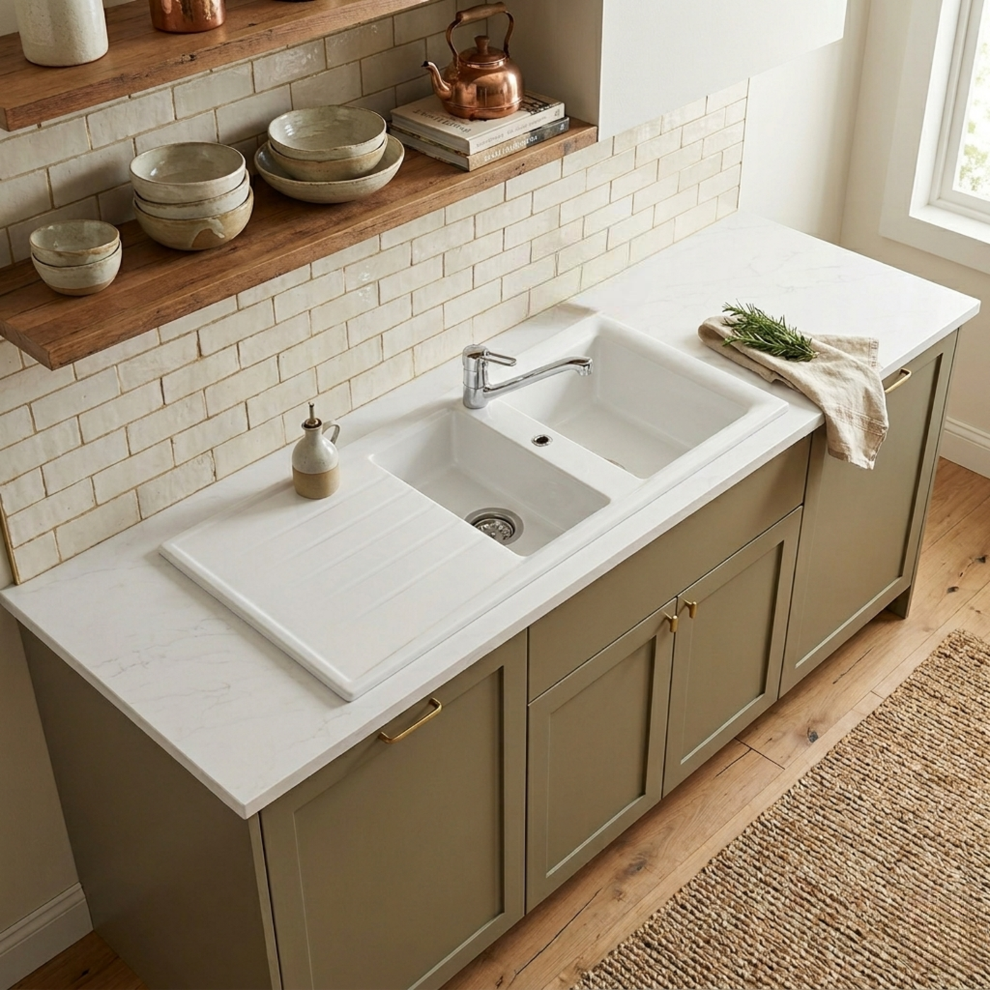 Évier résine blanc Ewi EMERAUDE 1 bac et demi - 1 égouttoir