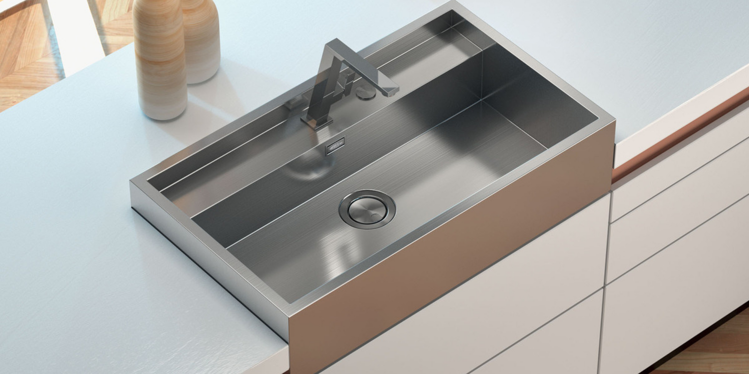 L'Évier timbre d'office inox lisse DIAMANTE 1 bac est idéal pour une cuisine spacieuse et moderne.