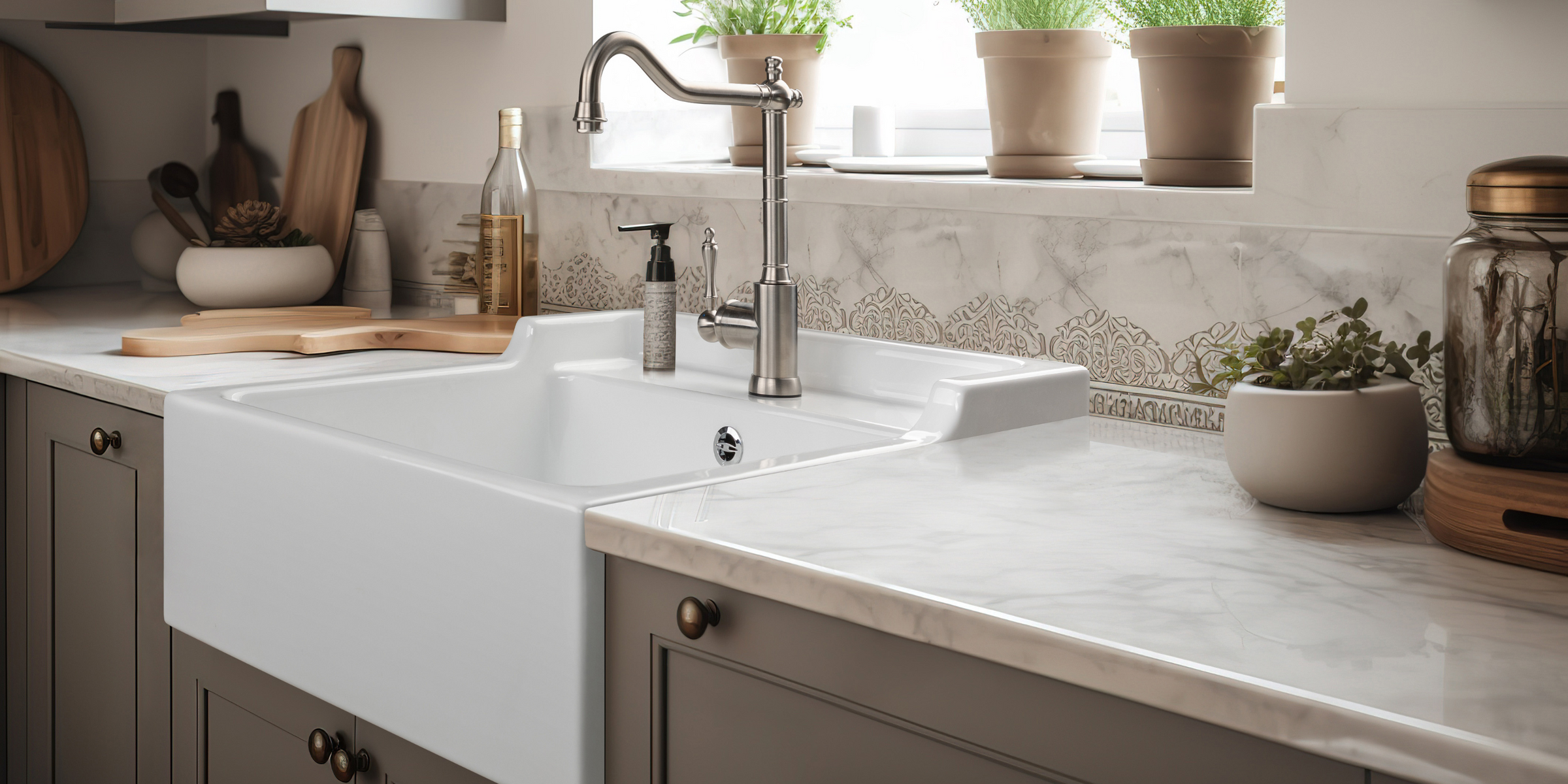 Évier timbre d´office céramique blanc ERNEST 1 bac dans une cuisine campagne chic