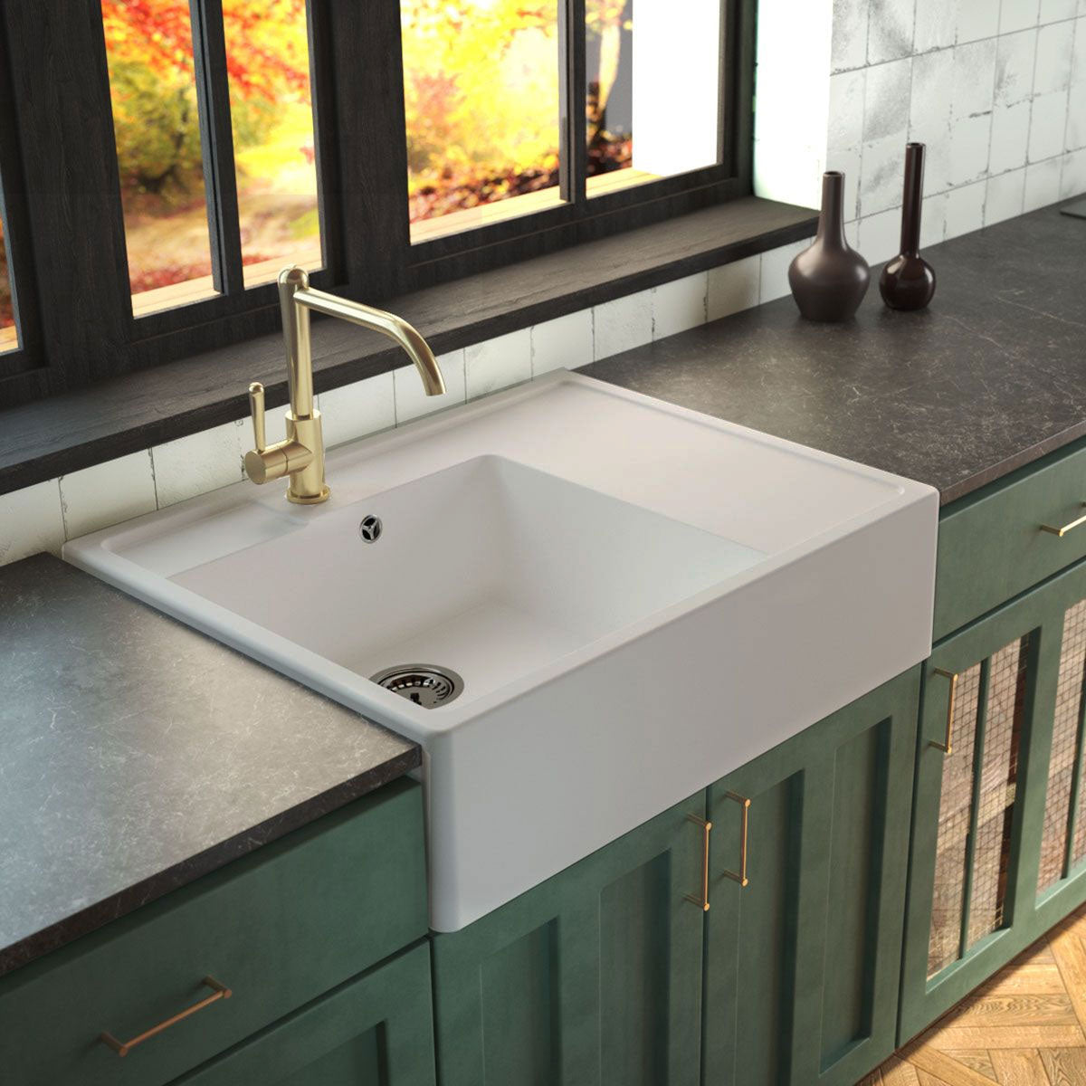 Évier timbre d'office granit blanc grisé mat Kümbad EWEN 1 bac 1 égouttoir à droite