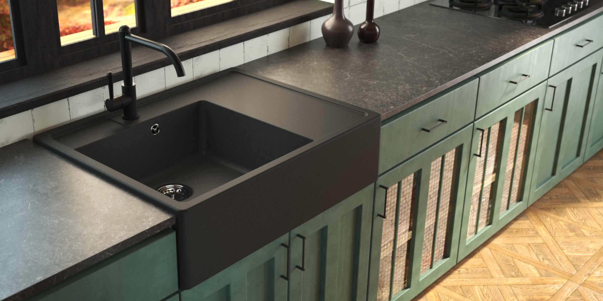 Évier timbre d´office granit noir Kümbad EWEN 1 bac 1 égouttoir à droite dans une cuisine vert sauge