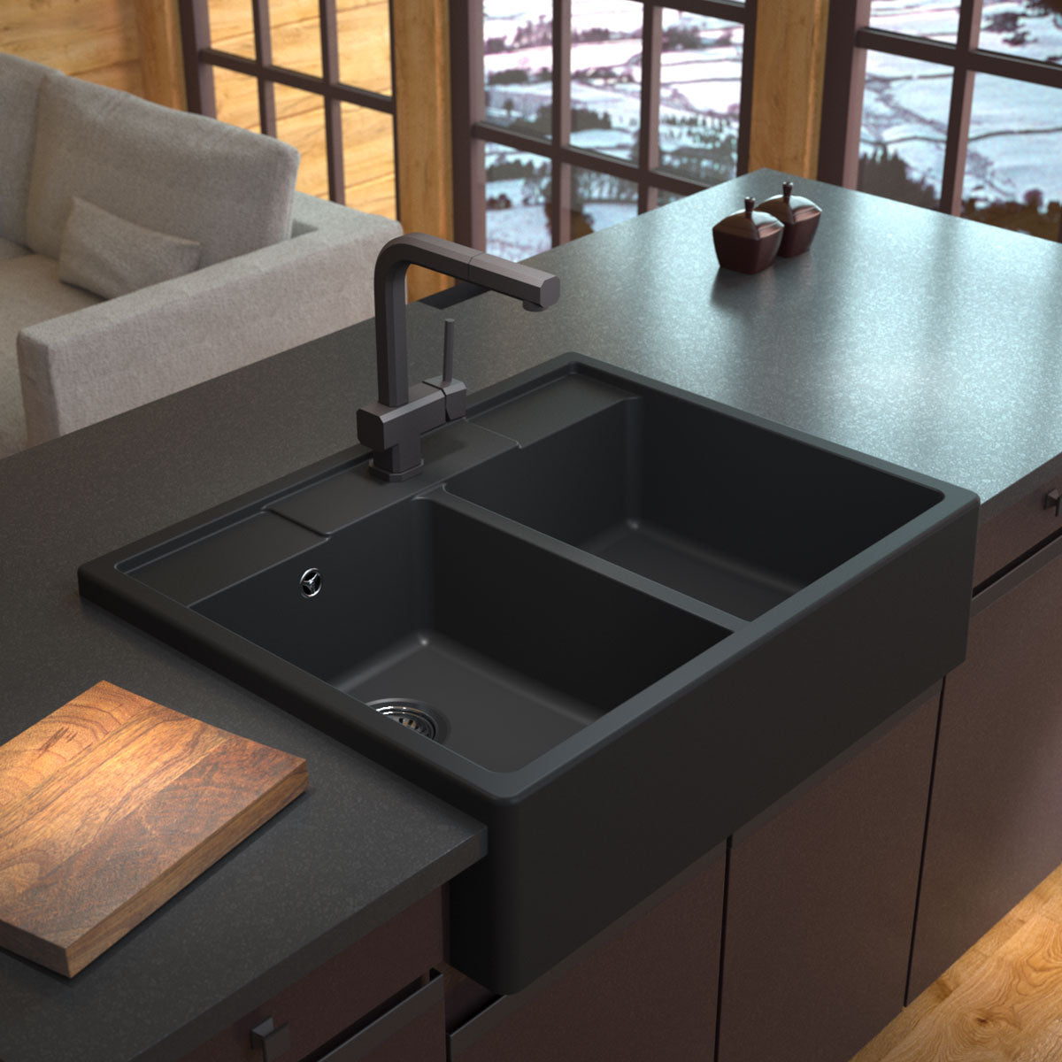 Évier timbre d'office granit noir Kümbad EWEN 2 bacs
