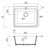 Évier céramique noir mat FELIX 1 bac 600x510 mm