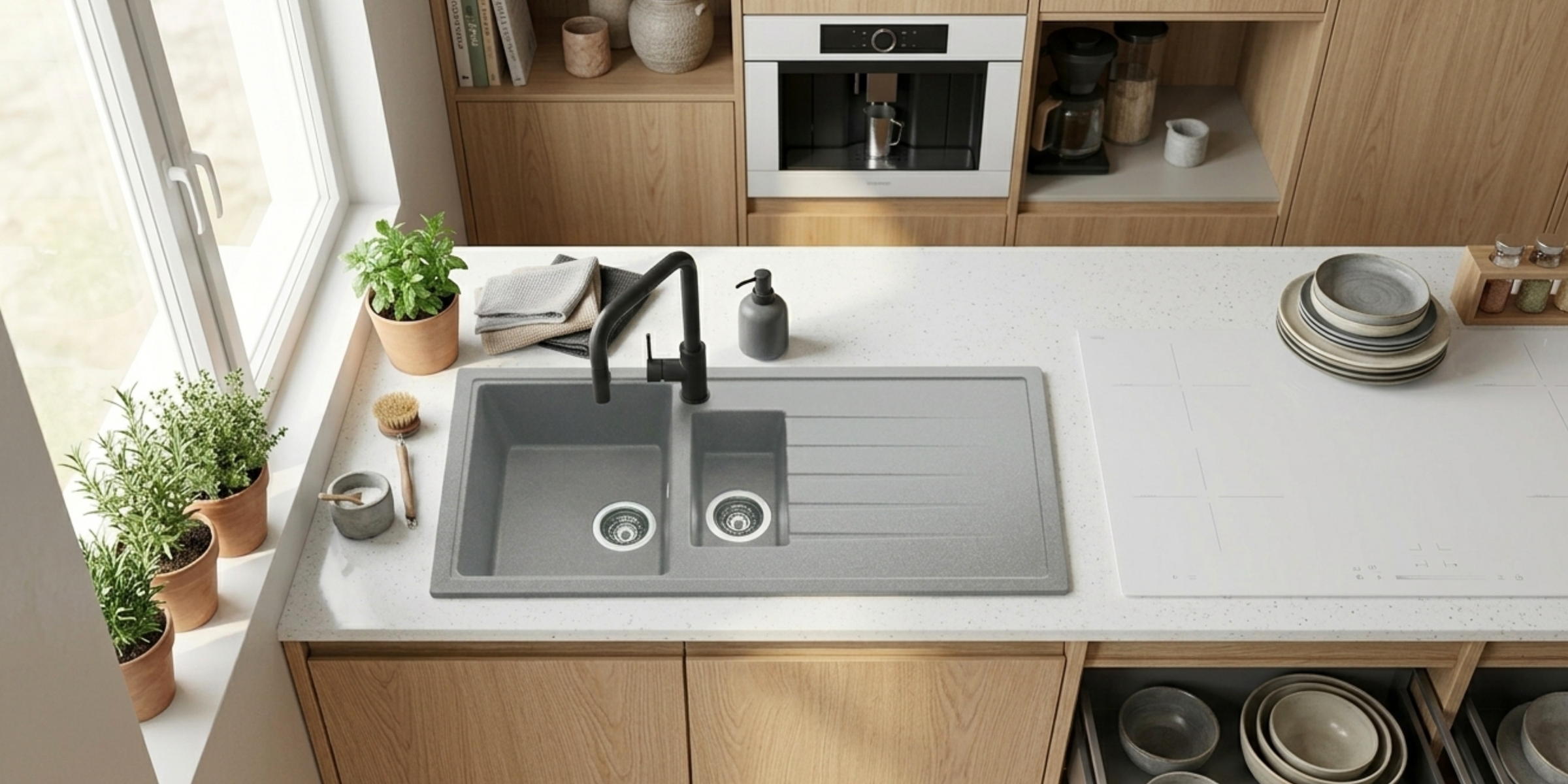 Évier granit gris Ewi ICAUNA 1 bac et demi - 1 égouttoir, design moderne et cuve spacieuse en composite de quartz.