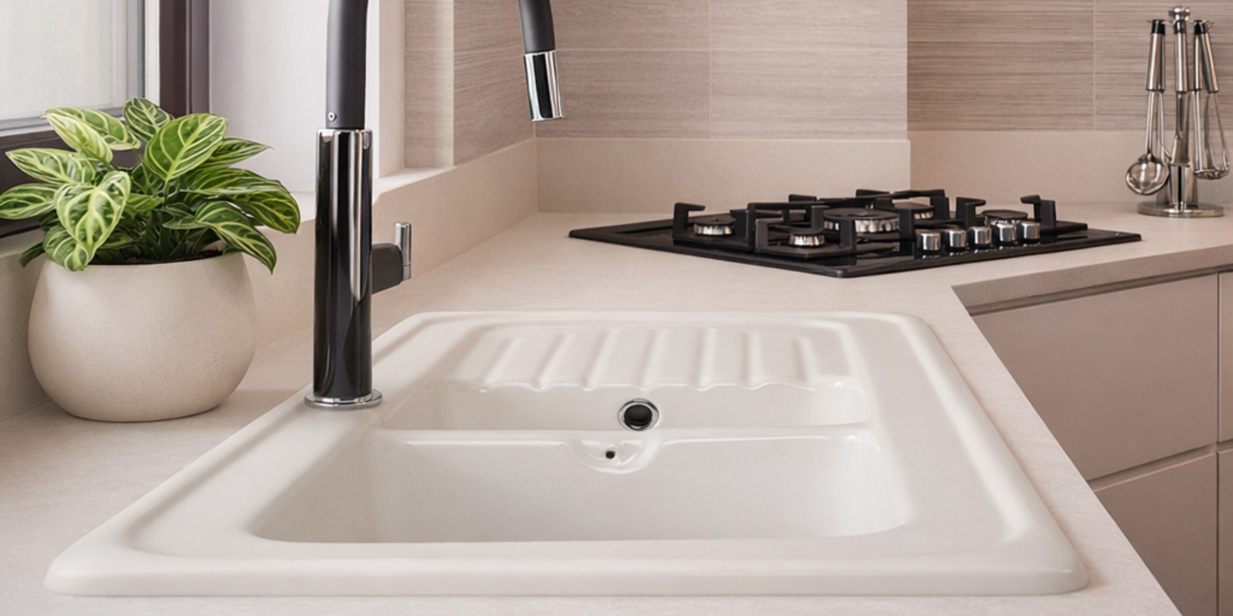 Evier céramique blanc EWI IRÈNE à encastrer 2 bacs 1 égouttoir