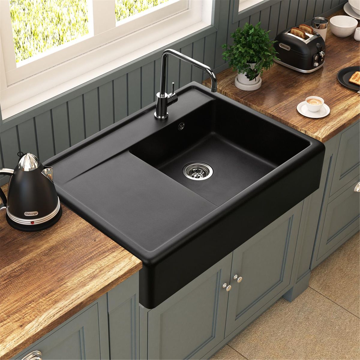 Évier timbre d'office granit noir Kümbad KIWI - 1 grand bac 1 égouttoir