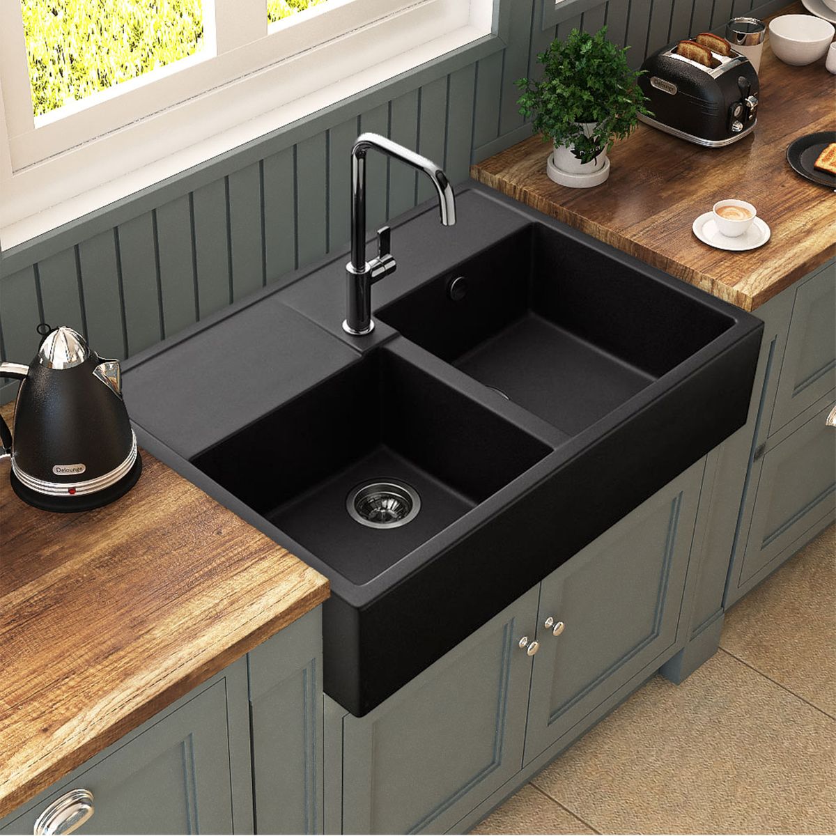 Évier timbre d'office granit noir Kümbad KIWI - 2 bacs