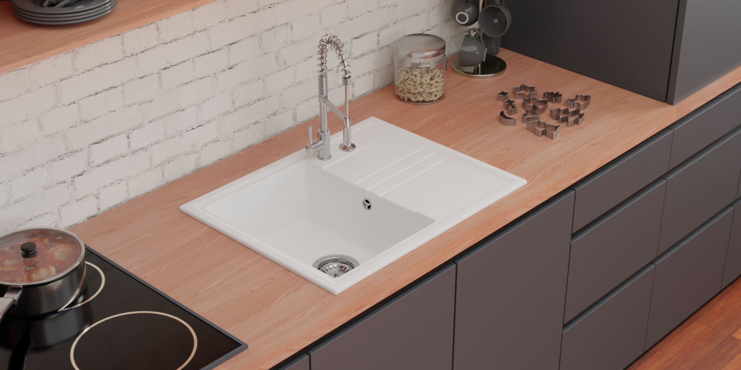 Évier granit blanc Kümbad KYRA 1 bac avec petit égouttoir, finition granit élégante