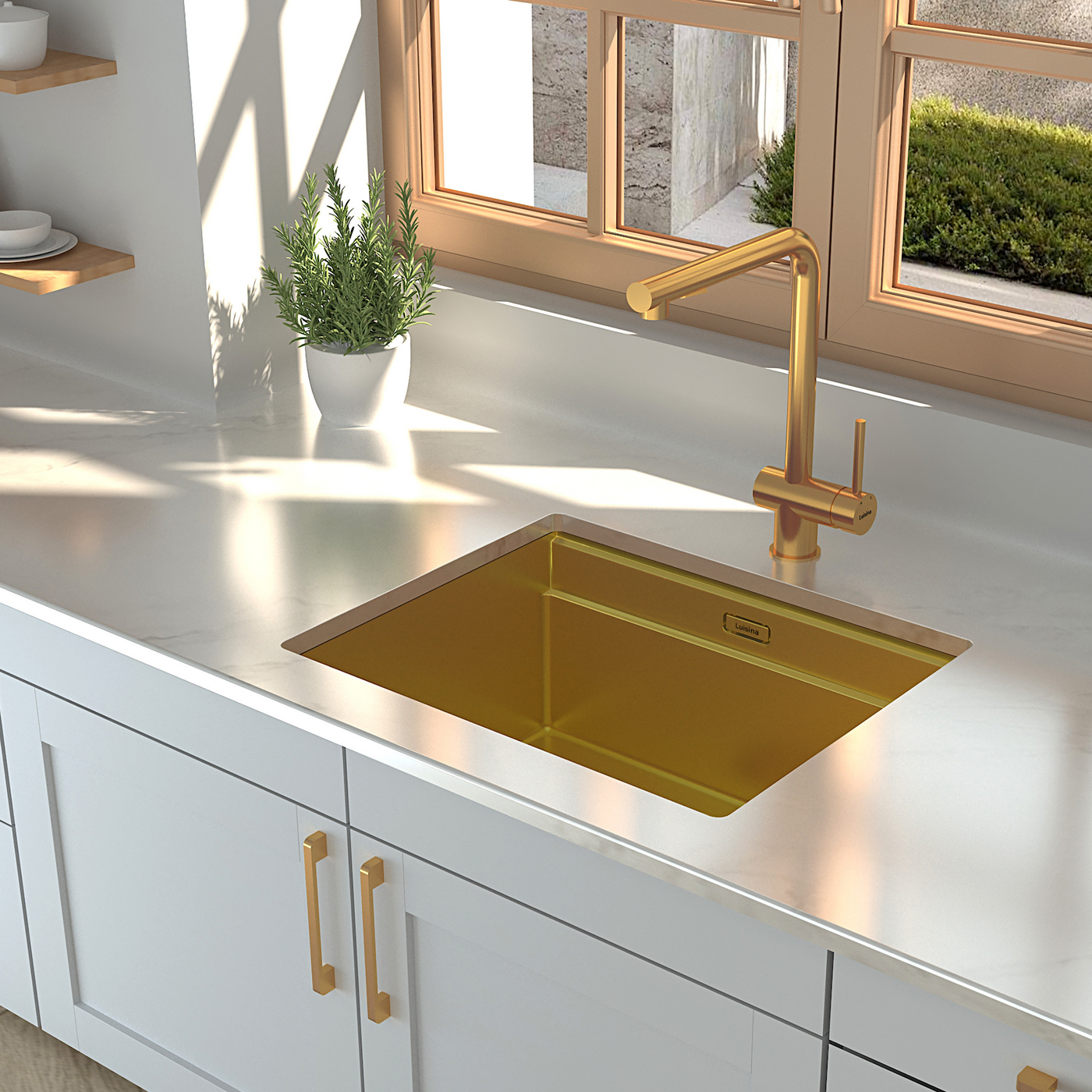Évier sous-plan inox doré Luisina LEGATO+ 1 bac 550x450 - Égouttoir, planche, cache bonde inclus