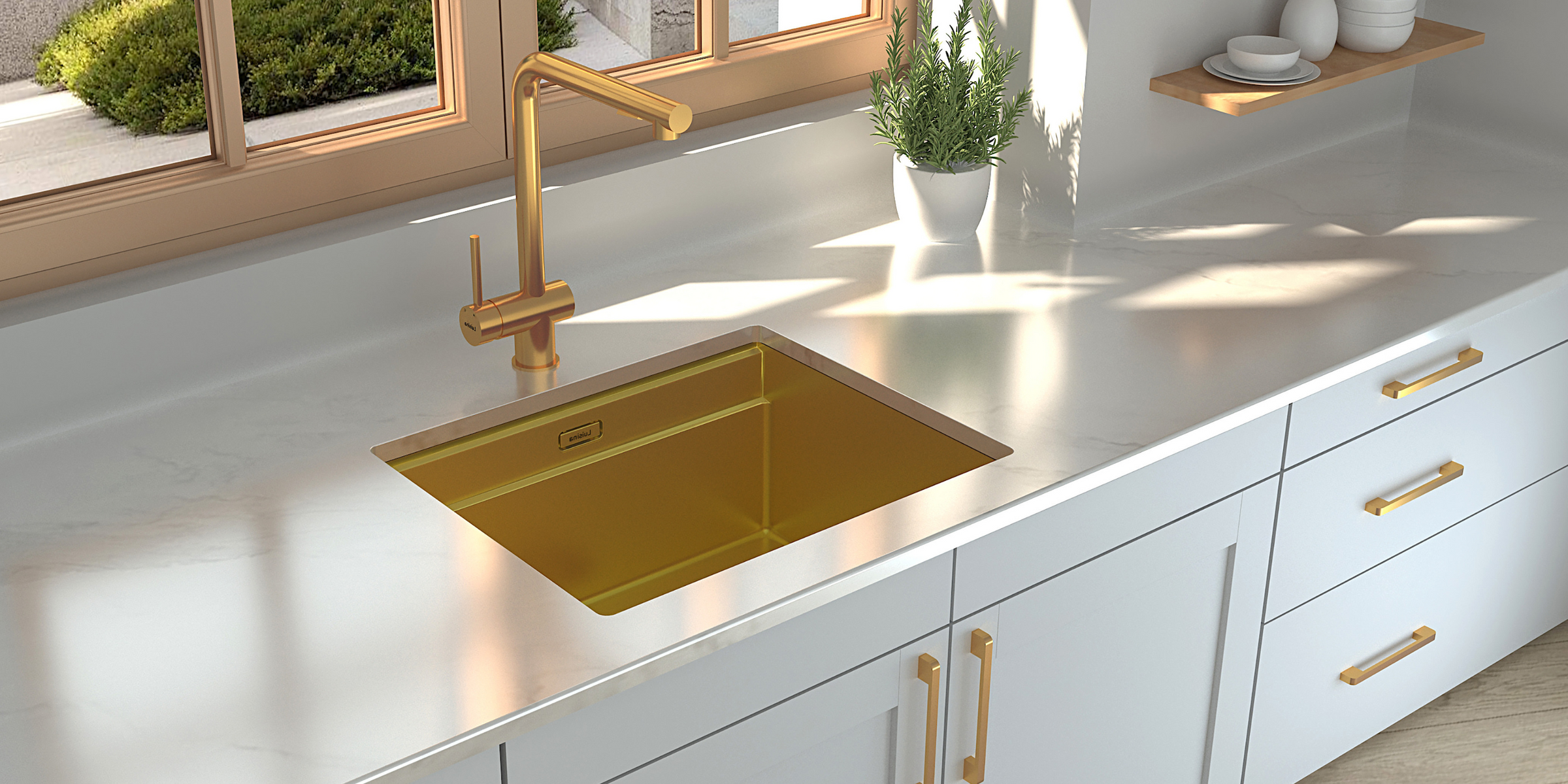Évier sous-plan inox doré Luisina LEGATO+ 1 bac 550x450, égouttoir, planche et cache bonde inclus, design raffiné