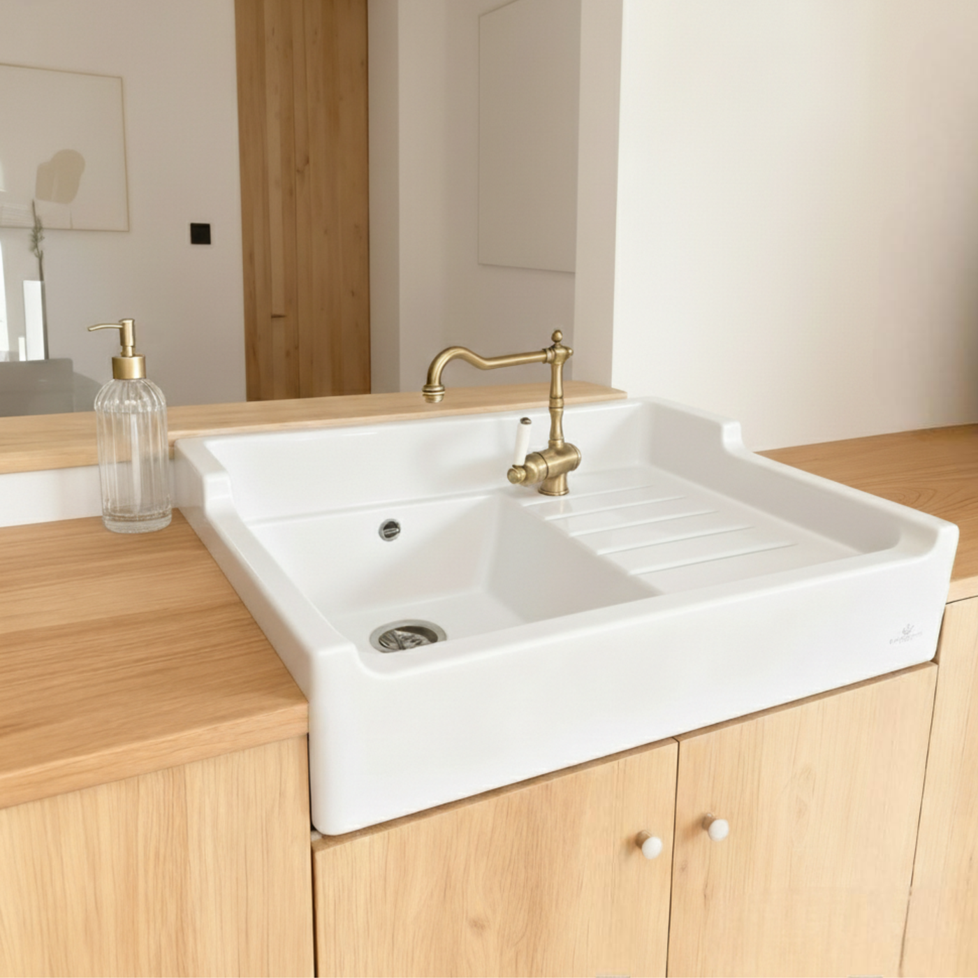 Évier timbre d'office céramique blanc LÉON 1 bac 1 égouttoir