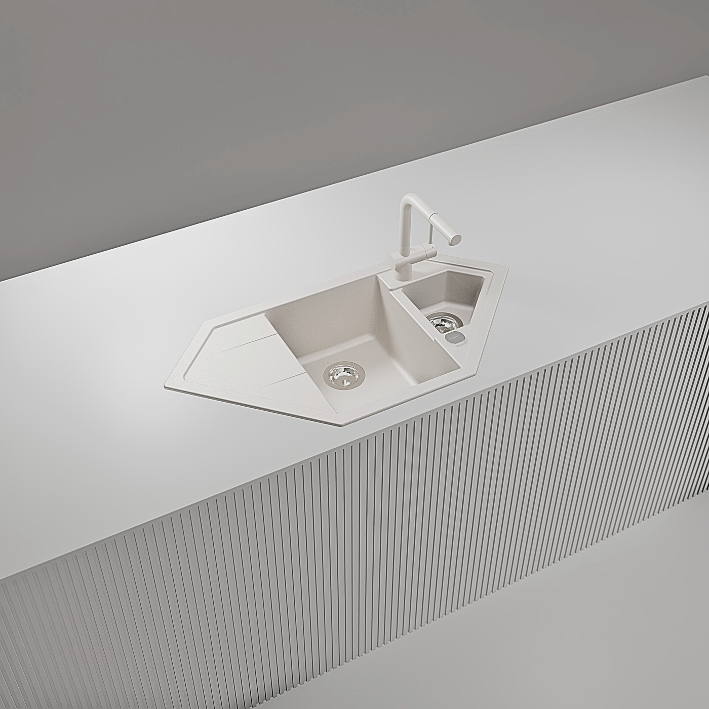 Évier d'angle granit blanc LOKTI 1 bac et demi - 1 égouttoir