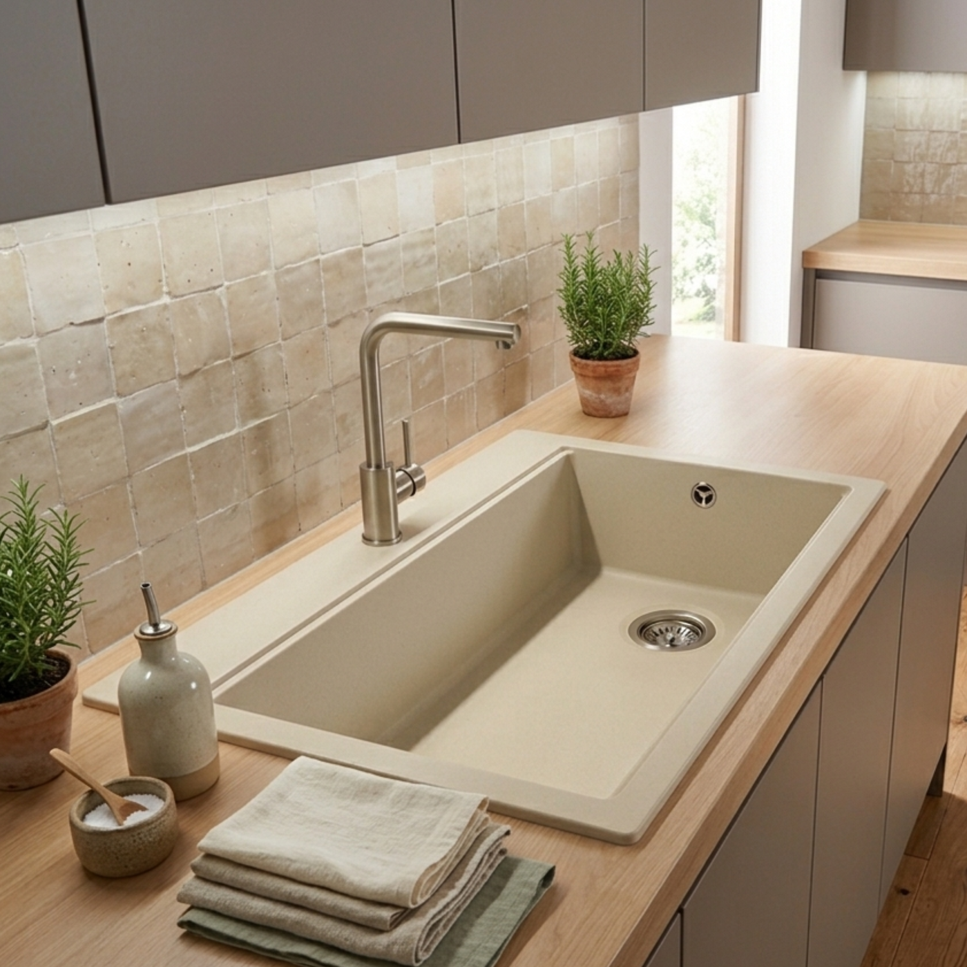 Evier granit Turtl Helika LARGUS beige 1 bac XL 840x560