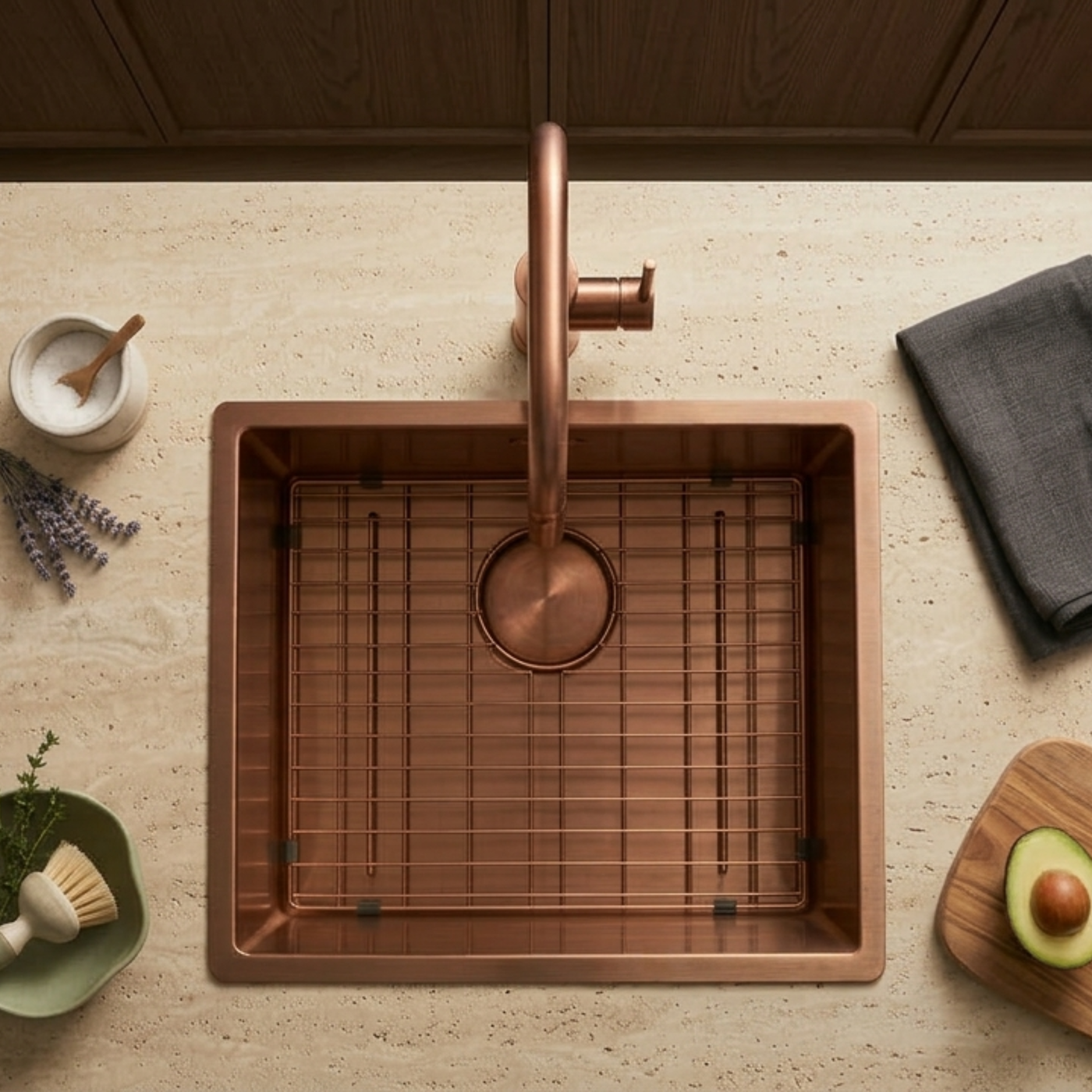 Évier à encastrer inox cuivre MAYA 1 bac 540x440 - Grille évier incluse