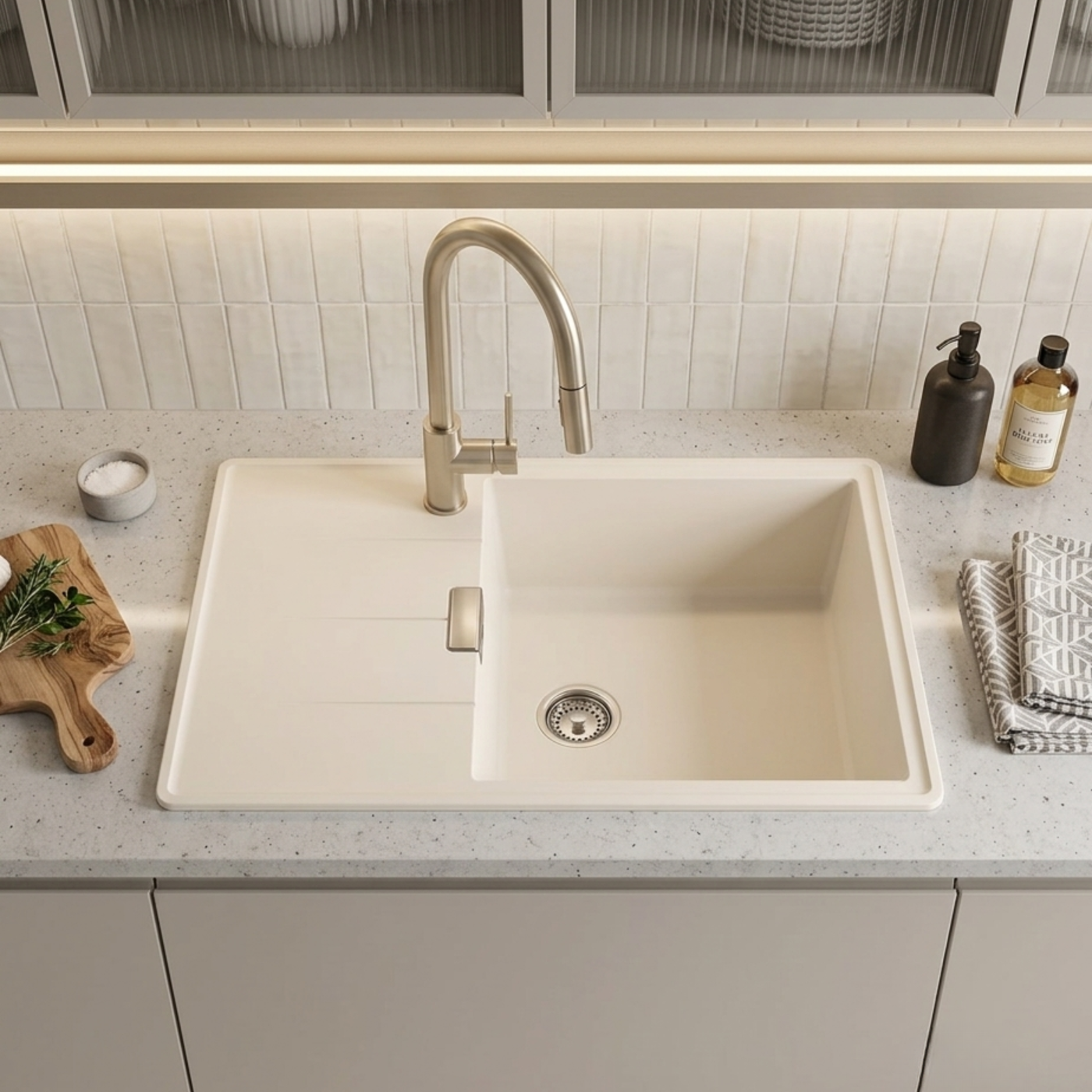 Evier granit beige Luisina MAELLA 1 grand bac 1 petit égouttoir