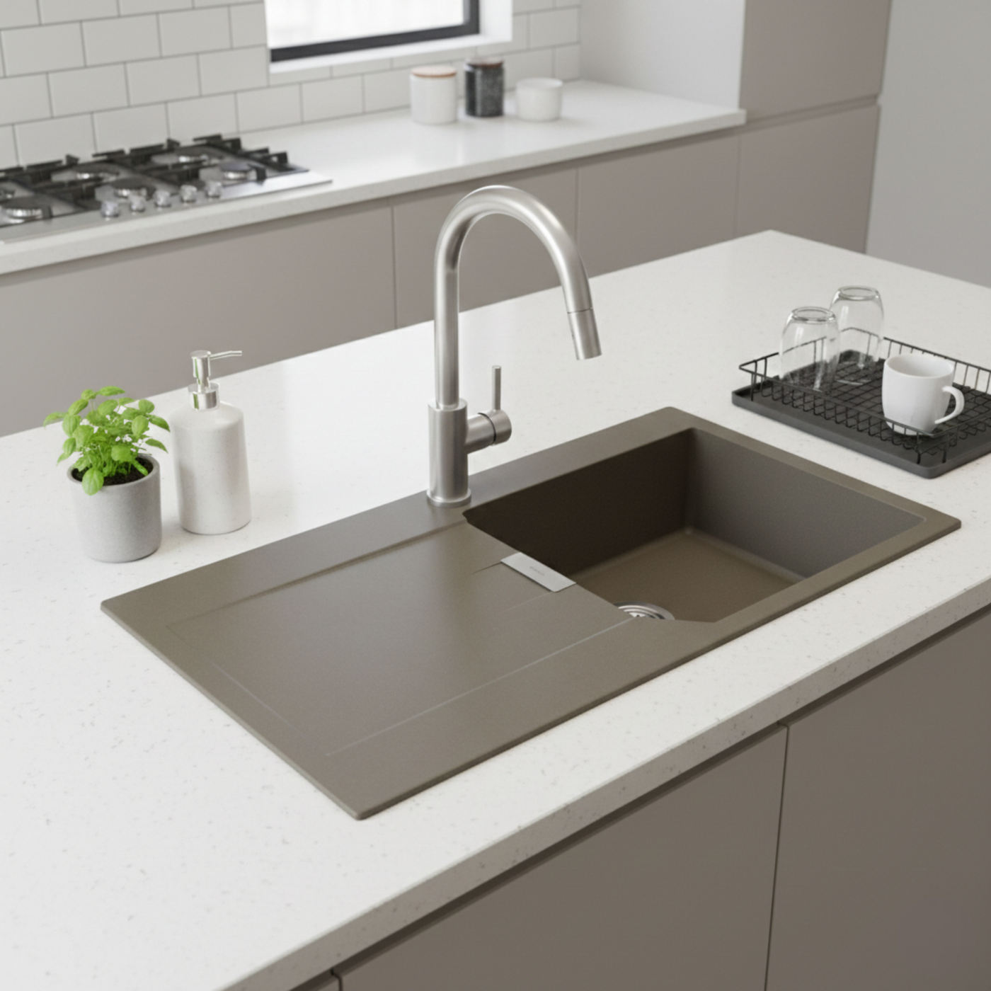 Évier granit taupe Schock MANHATTAN 1 grand bac 1 égouttoir