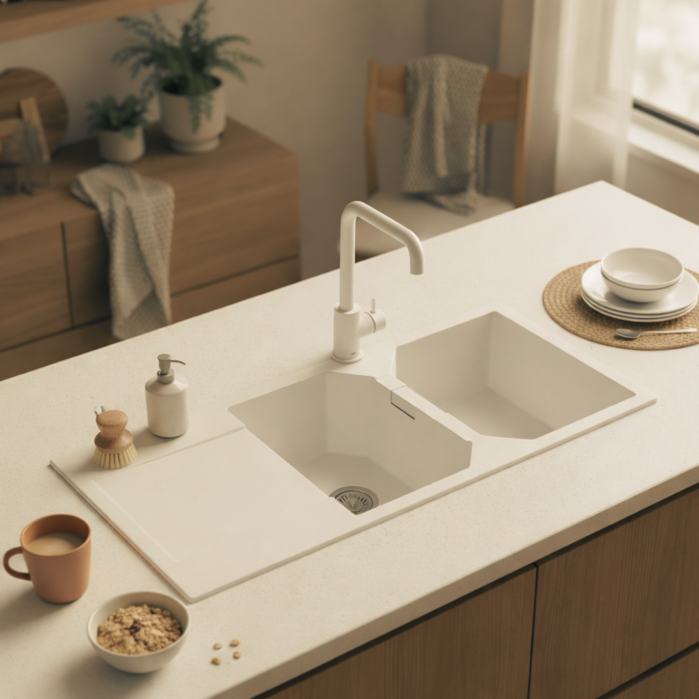 Évier granit blanc Schock MANHATTAN 2 bacs 1 égouttoir